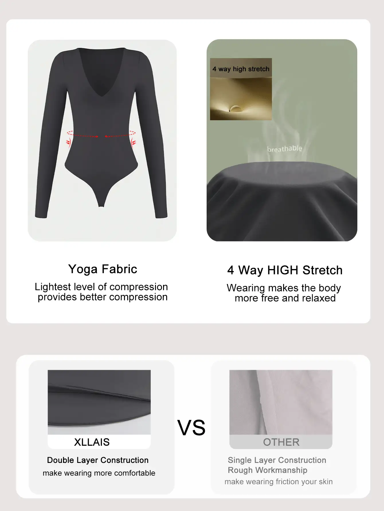 XLLAIS Bộ đồ liền thân dài tay cổ chữ V ôm sát gợi cảm mới mùa thu 2025 dành cho nữ, kiểu dáng cơ bản, màu xám, thích hợp mặc hàng ngày, thanh lịch. - Màu xám đen - Xem 3