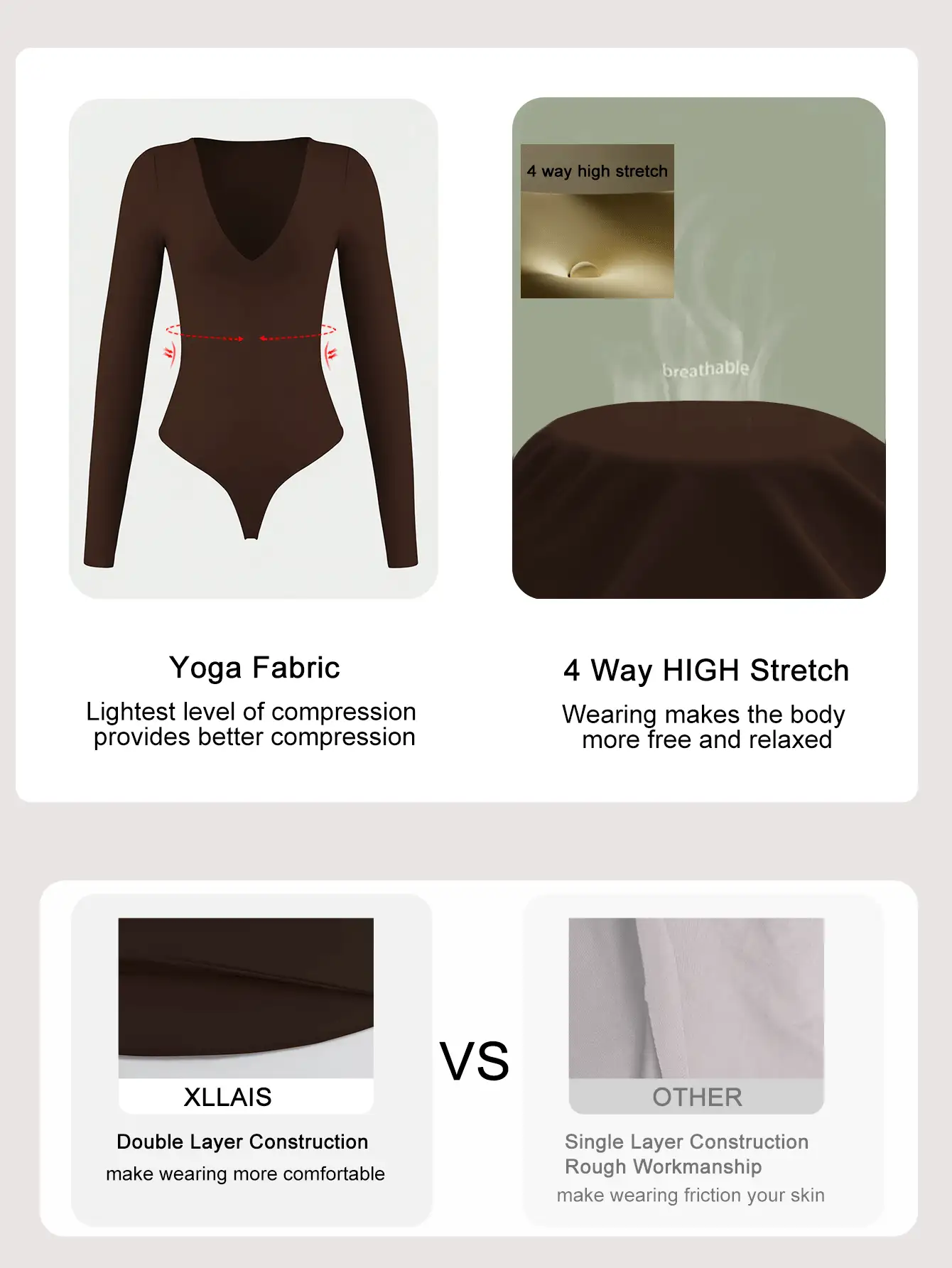 XLLAIS 2026春夏新款性感V领紧身基本款长袖棕色连体衣，日常休闲T恤，优雅百搭 - 深咖色 - 查看 3