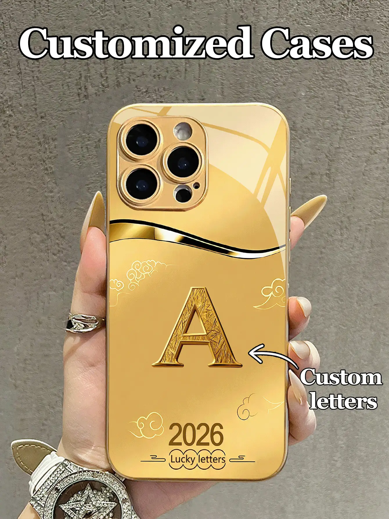 Ốp lưng điện thoại bằng kính cường lực, có thể tùy chỉnh 26 chữ cái và tên, họa tiết mây thời trang, tương thích với iPhone 17 Air/16 Pro Max/15 Pro/14 Plus/13 Pro/12 Pro Max/11/Xs Max/8/7/6 Plus, S24 Ultra/S25 Ultra/A12, mẫu mới cao cấp năm 2026, món quà tuyệt vời nhất dành cho bạn trai, bạn gái và gia đình. Phiên bản quốc tế, không phải phiên bản nội địa. - Vàng - Xem 2