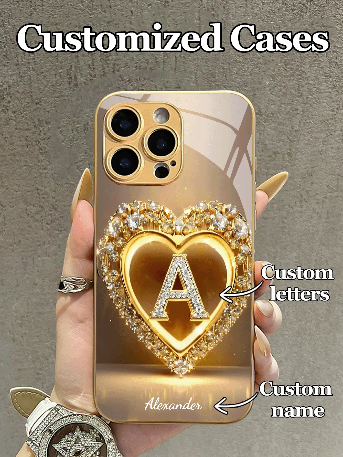 1 buah Casing Ponsel Kaca Tempered dengan Desain 26 Huruf & Nama yang Dapat Disesuaikan dan Pola Hati Berlian Imitasi Emas, Kompatibel dengan iPhone 17 Air/16 Pro Max/15 Pro/14 Plus/13 Pro/12 Pro Max/11/Xs Max/8/7/6 Plus, S24 Ultra/S25 Ultra/A12, Kustomisasi Bisnis Kelas Atas, Hadiah Terbaik untuk Pacar, Kekasih, dan Keluarga, Casing Ponsel Lucu, Hadiah Kustom - Emas - View 3