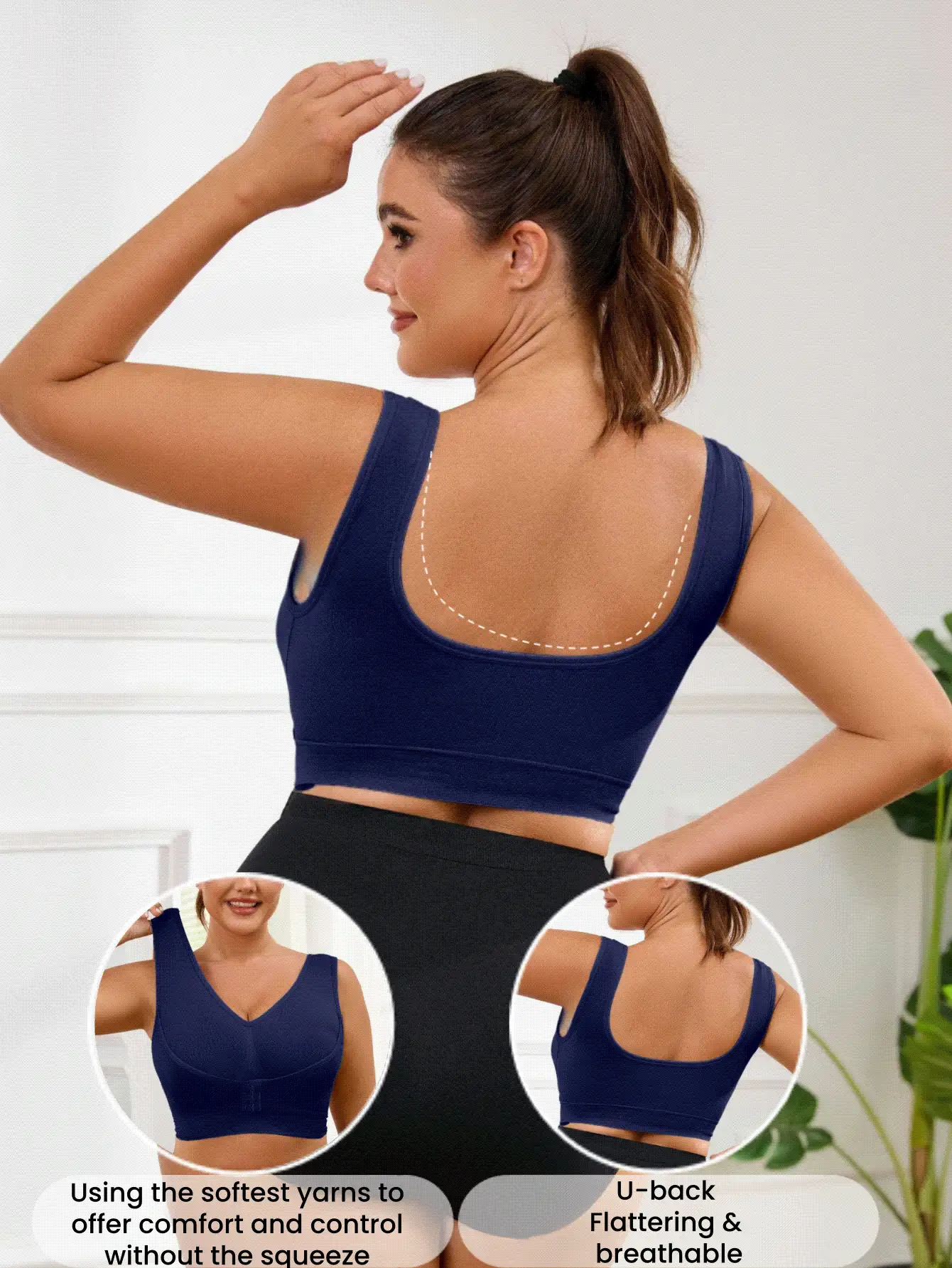 1pc Seamless Wireless Supportive Adjustable Front Hook Closure Comfortable Side Gather Yoga Unpadded Sports Bra For Plus Size Women Spring - Blue - View 3