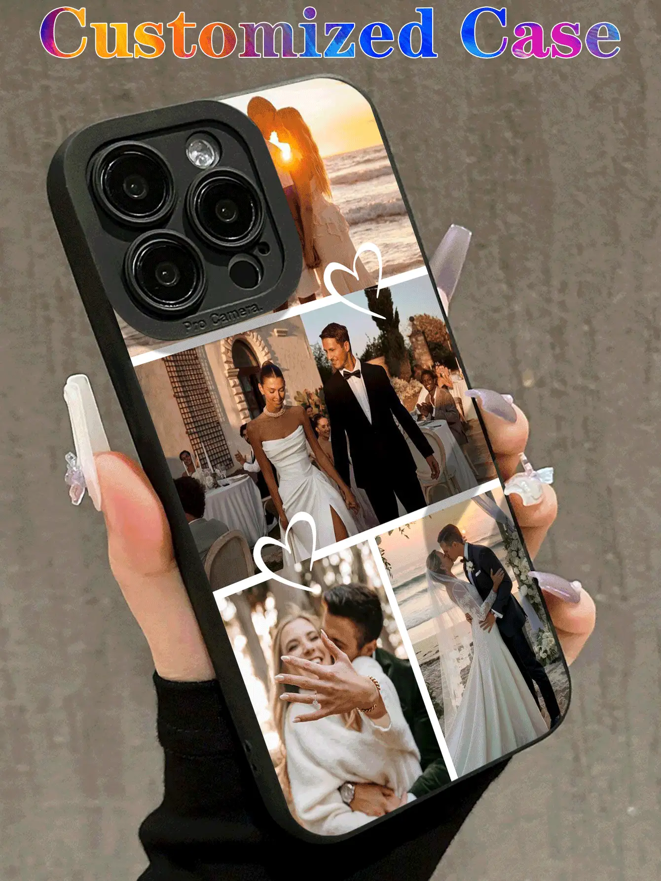 Customized Love Heart Multi-Photo Collage Phone Case, Suitable For Wedding Photos, Engagement Photos, Commemorative Photos, Couple Photos, Black Full-Coverage Shockproof Customized Phone Case For Samsung, Redmi, 13 14 15 14C A14 A15 16A A34 A35 A36 A53 A54 A55 A56 S25 S24 S23 S22 S21 S20 Ultra 16 Pro Max - Black - View 2