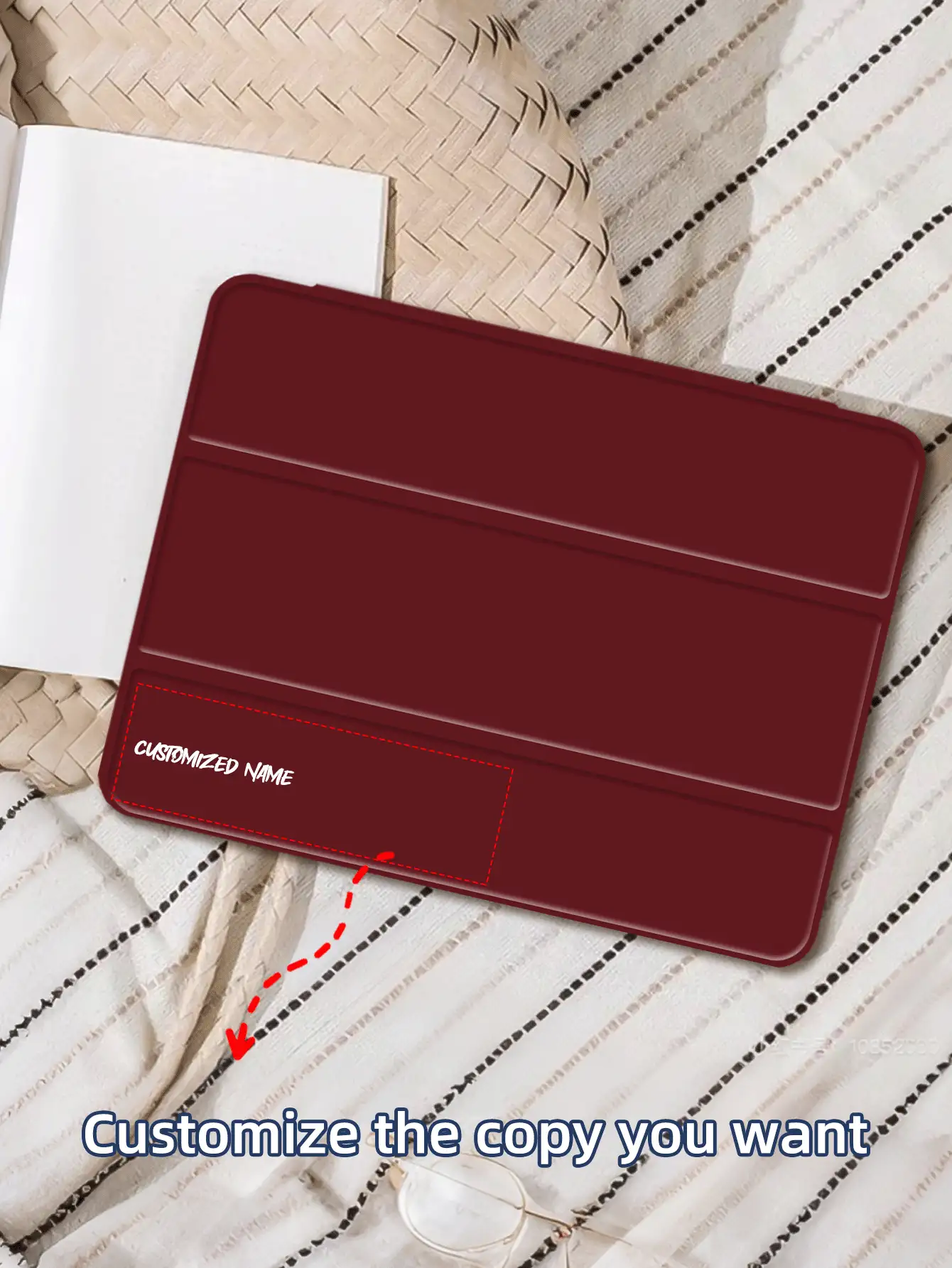 Customized Text Flat Tablet Case, Red Solid Color, Suitable For IPad Mini4/Mini5/Mini6/Mini7, IPad A16 2025, Air 11 13 M2 M3 Pro 11 13 M4 2024, Air 4 5 10th 10.9, Pro 11 9th 8th 7th 10.2 4th 5th 6th Model A8, Customized Text, Tri-Fold Stand, Built-In Pencil Slot, Soft Edge Full Coverage, Minimalist Casual Classic TPU Soft Shell IPad Flip Tablet Case. Note: The Final Font Style Is Subject To The Physical Image, And There May Be Slight Color Differences. - Red - View 4