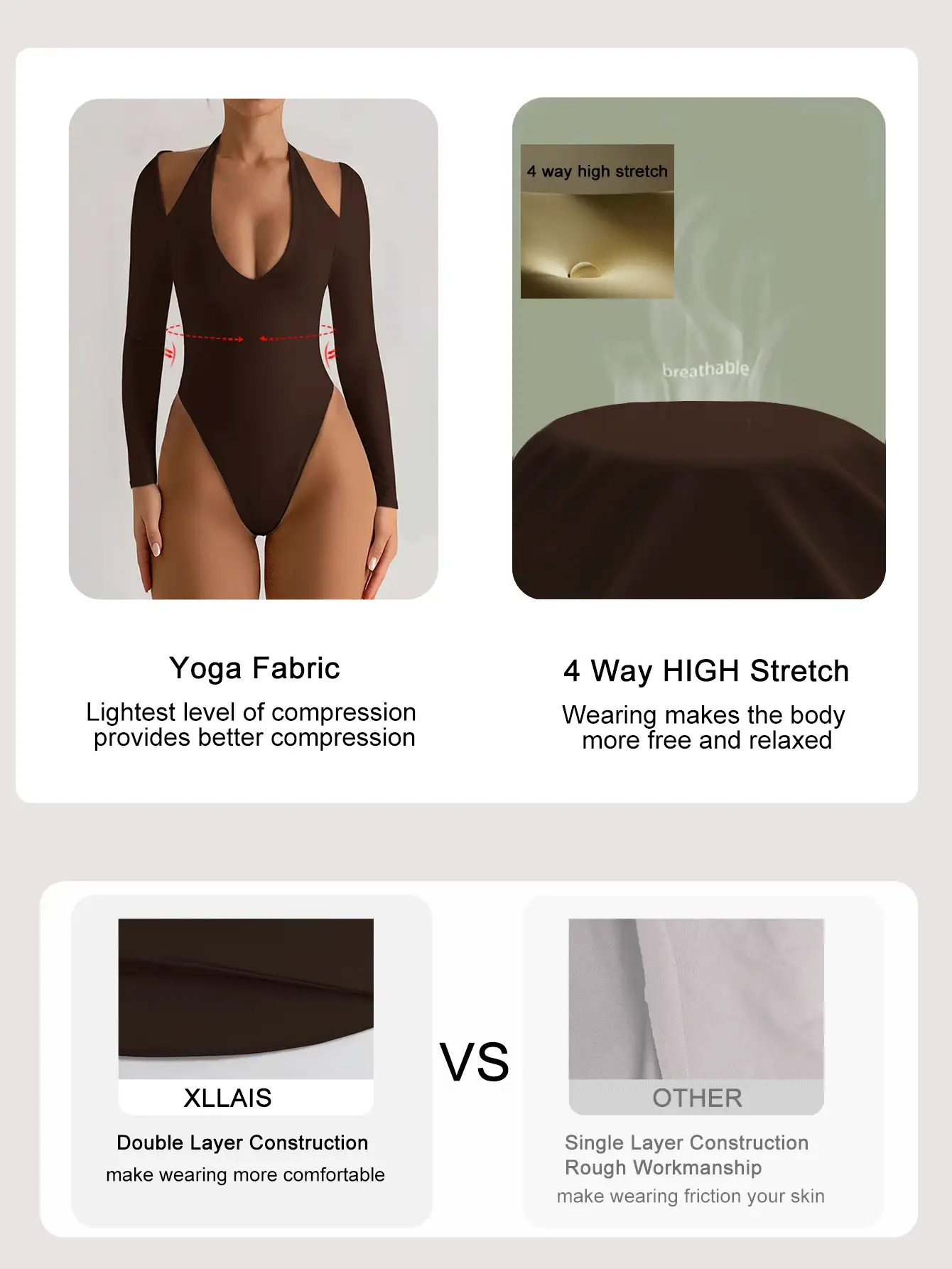 XLLAIS 2025秋季新款性感圆领紧身基本款长袖白色连体衣女休闲T恤日常夏季优雅 - 深咖色 - 查看 3