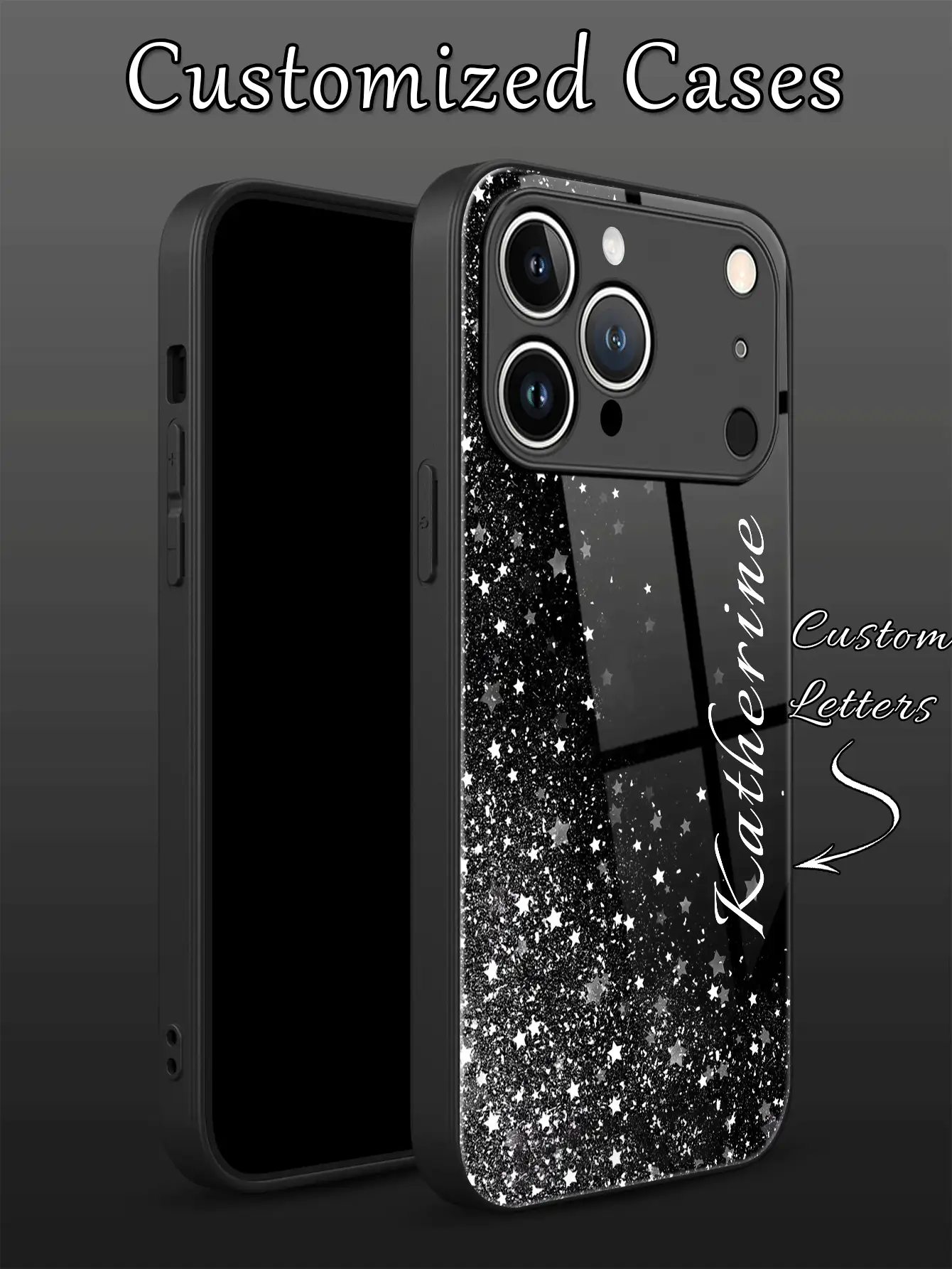 1pc Customized Name, Black Star Pattern High-End Business Fashion Minimalist Compatible With Apple Design, Tempered Glass + TPU Soft Edge Shock-Resistant Scratch-Resistant Phone Case Compatible With Apple 17 Pro Max/16 Pro Max/15 Pro/14 Plus/13 Pro/12 Pro Max/11/Xs Max/8/7/6 Plus, S24 Ultra/S25 Ultra, Compatible With Redmi/ Phones,International Version, Not The Domestic Version - Black - View 2