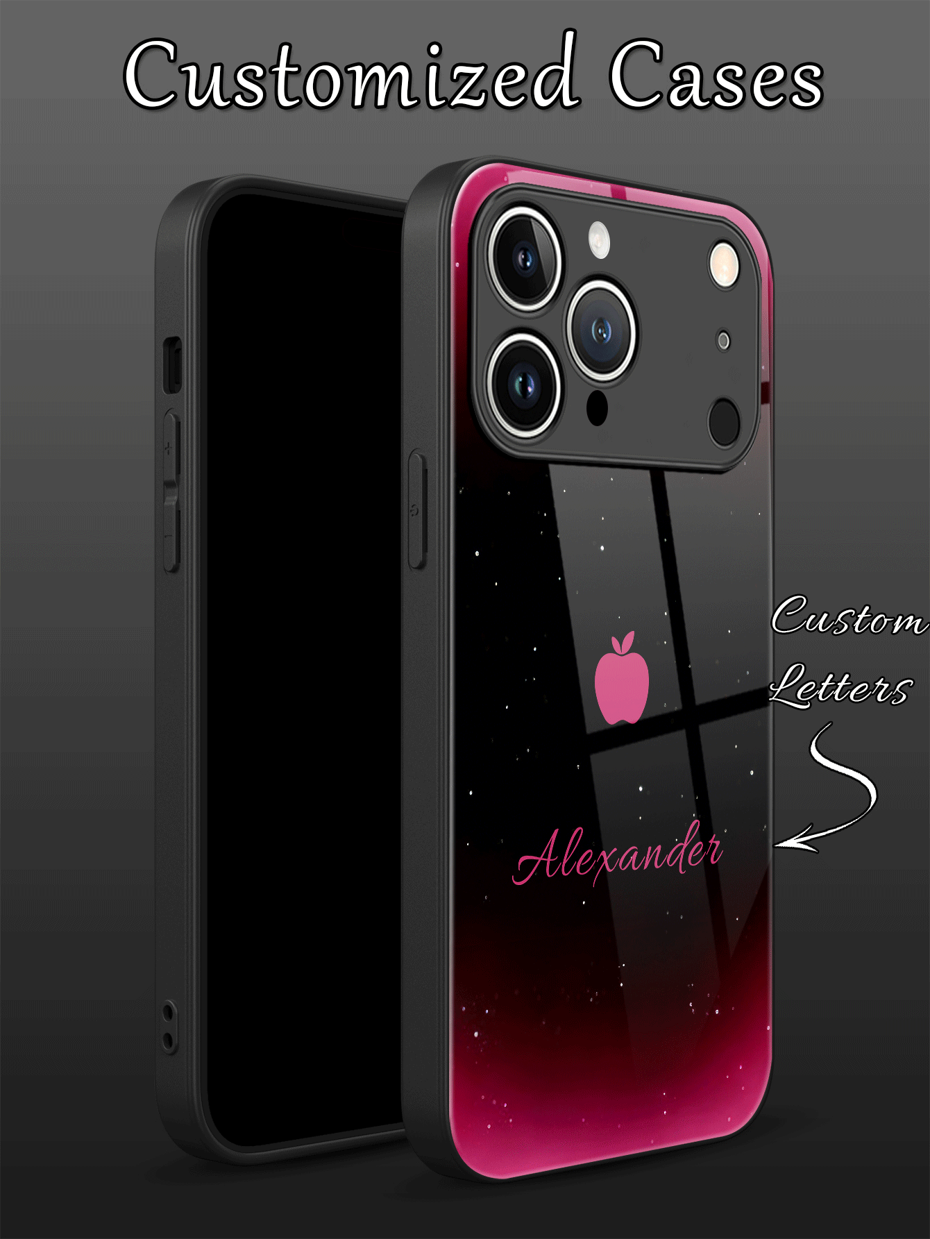 1pc Custom Name, Black-Pink Gradient Fashionable High-End Business Minimalist Apple Design, Tempered Glass + TPU Soft Edge Shock-Resistant Scratch-Resistant Phone Case Compatible With Apple 17 Pro Max/16 Pro Max/15 Pro/14 Plus/13 Pro/12 Pro Max/11/Xs Max/8/7/6 Plus, S24 Ultra/S25 Ultra, Redmi/ Phones Accessories - Black - View 2