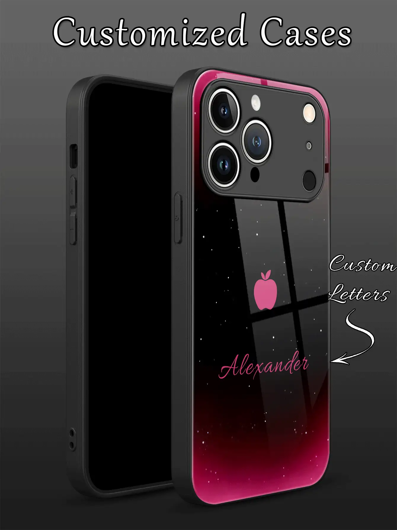 1pc Custom Name, Black-Pink Gradient Fashionable High-End Business Minimalist Apple Design, Tempered Glass + TPU Soft Edge Shock-Resistant Scratch-Resistant Phone Case Compatible With Apple 17 Pro Max/16 Pro Max/15 Pro/14 Plus/13 Pro/12 Pro Max/11/Xs Max/8/7/6 Plus, S24 Ultra/S25 Ultra, Redmi/ Phones Accessories - Black - View 2