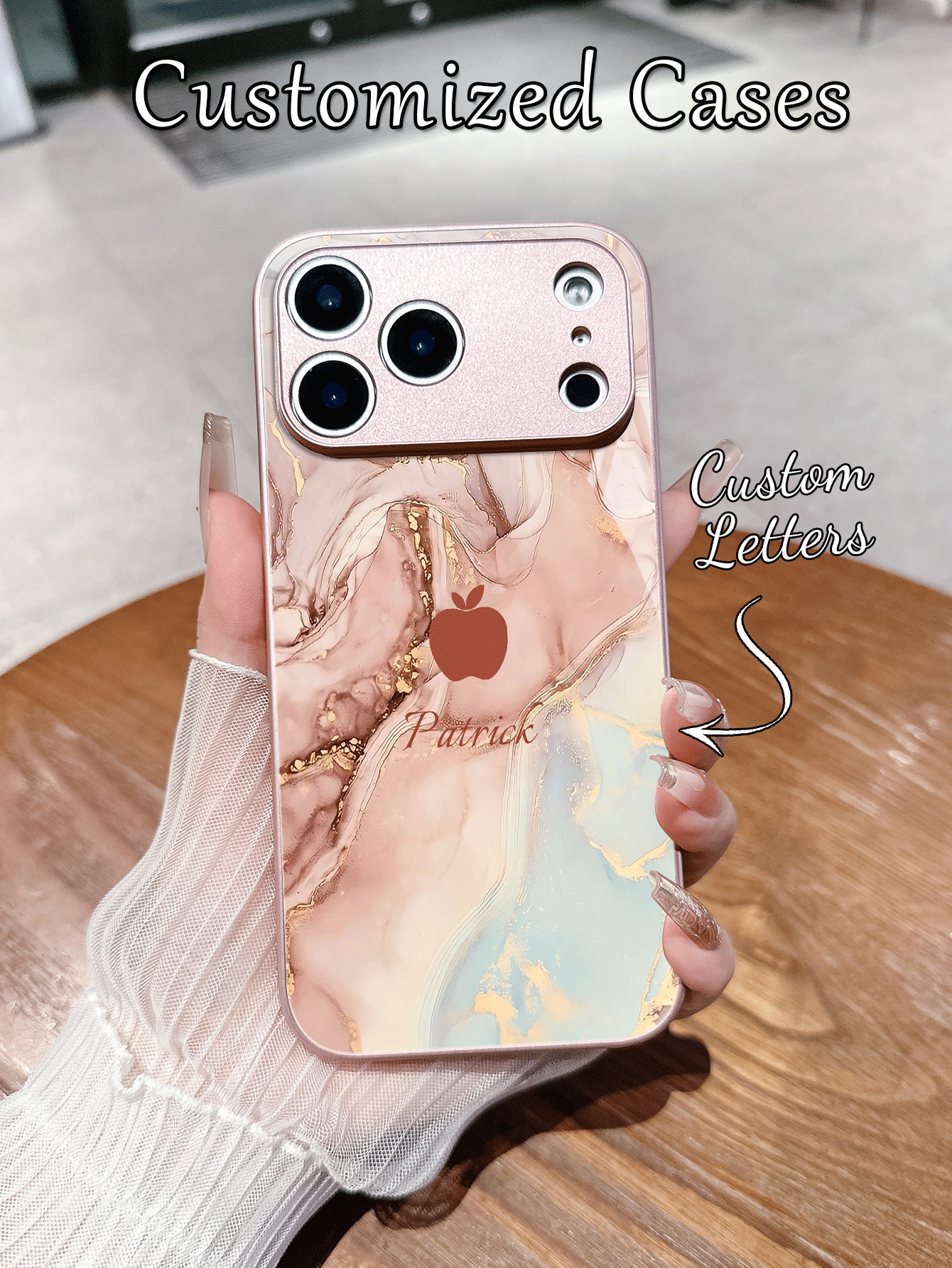 1pc Customized Name, Colorful Marble Minimalist Apple Design Creative Personalized Phone Case Compatible With Samsung S24 Ultra/S25 Ultra And Apple 17 Pro Max/16 Pro Max/15 Pro/14 Plus/13 Pro/12 Pro Max/11/Xs Max/8/7/6 Plus, Suitable As Birthday Gift, For Girlfriend/Boyfriend Or Personal Use,International Version, Not The Domestic Version - Pink - View 2