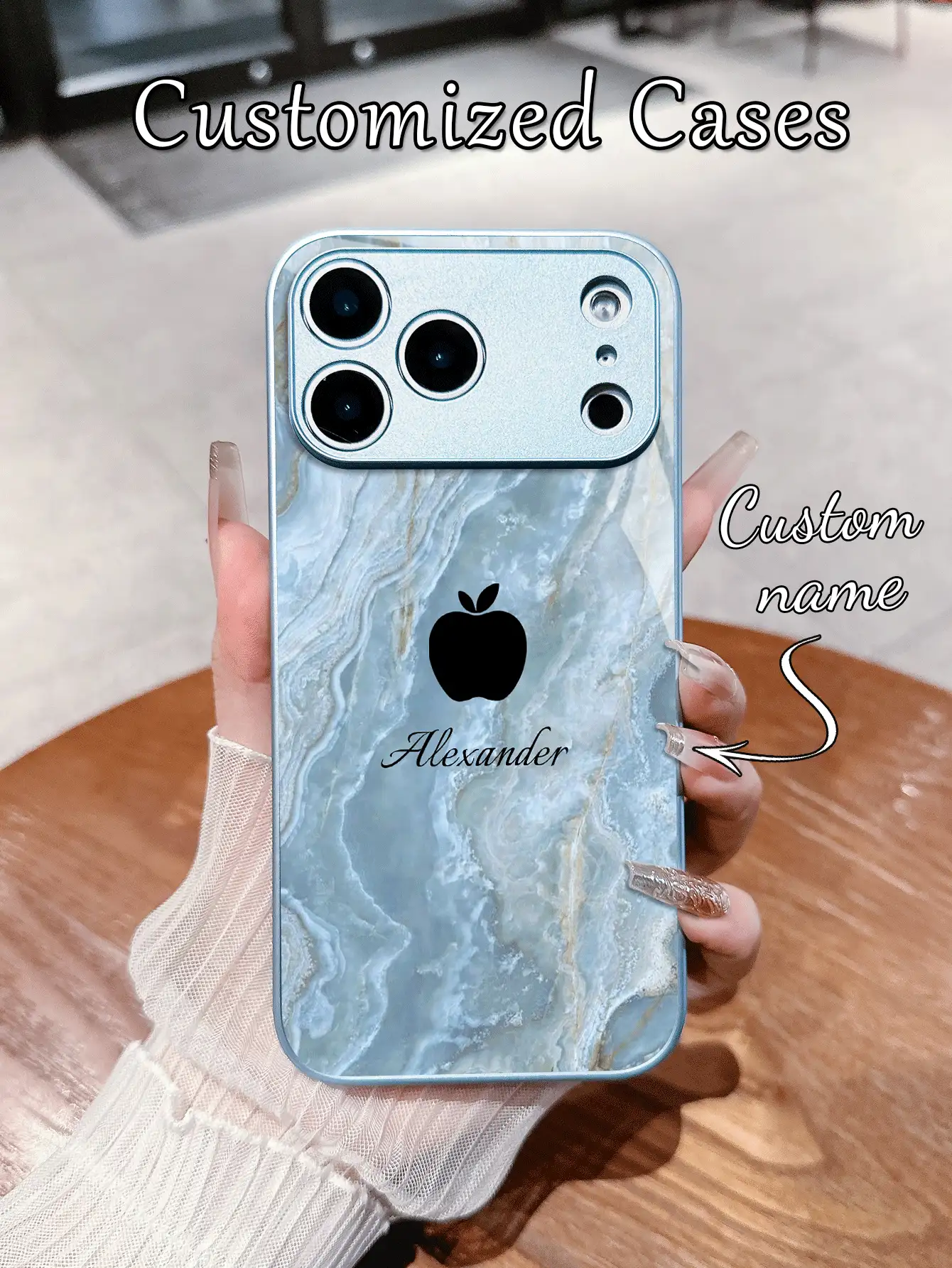 1pc Customized Name & Creative Blue Marble Apple Design Tempered Glass + TPU Soft Edge Phone Case, Compatible With Samsung S24 Ultra/S25 Ultra And Apple 17 Pro Max/16 Pro Max/15 Pro/14 Plus/13 Pro/12 Pro Max/11/Xs Max/8/7/6 Plus, Suitable As Birthday Gift, For Girlfriend/Boyfriend Or Personal Use