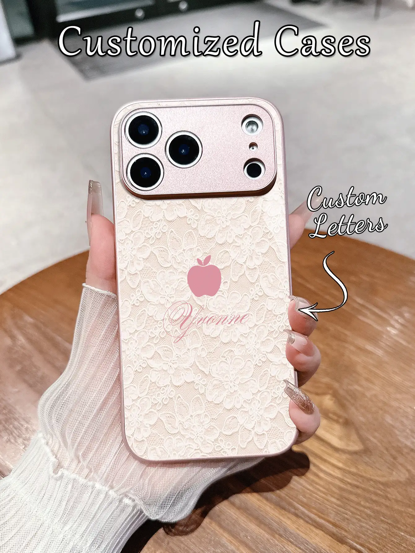 1pc Customized Name, Pink Lace Minimalist Apple Design Creative Phone Case Compatible With Samsung S24 Ultra/S25 Ultra And Apple 17 Pro Max/16 Pro Max/15 Pro/14 Plus/13 Pro/12 Pro Max/11/Xs Max/8/7/6 Plus, Suitable As Birthday Gift, For Girlfriend/Boyfriend Or Personal Use - Pink - View 2