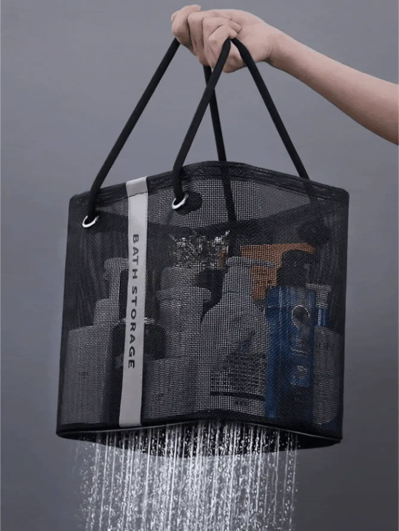 Bolsa organizadora de malla para ducha, cesta de almacenamiento plegable para el baño para artículos de tocador, champú, jabón y maquillaje, organizador de artículos de tocador portátil y resistente al agua para hombres y mujeres, para uso en el hogar, gimnasio, compras, actividades al aire libre y piscina - Negro - Ver 2