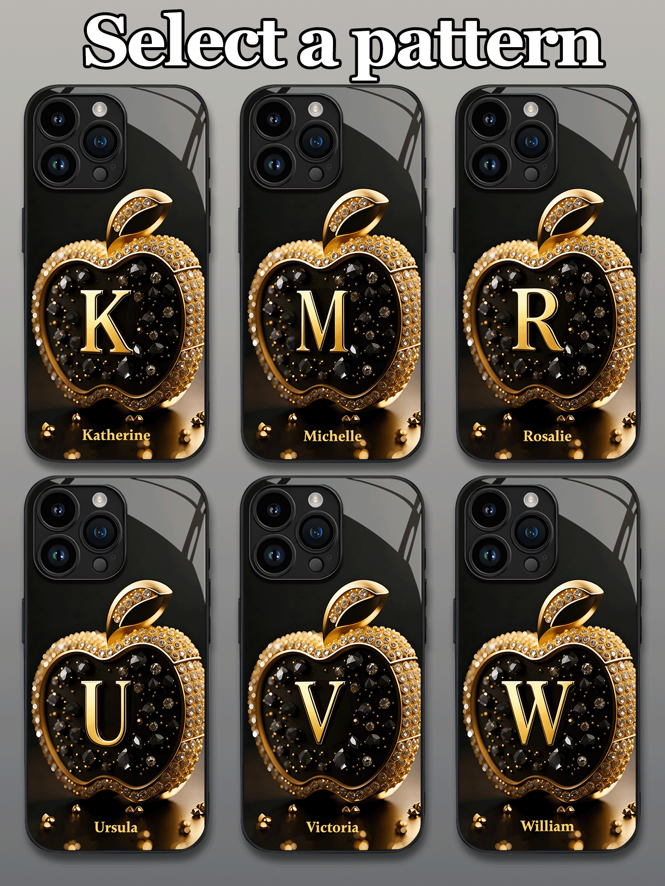 1个可定制文字字母图案水钻苹果图案钢化玻璃手机壳，兼容 17 Pro Max/17 Air/15/16 Pro/14 Plus/13 Pro/12 Pro Max/11/Xs Max/8/7/6 Plus、S24 Ultra/S25 Ultra，兼容Redmi Note 13/14、Redmi K40、小米11，时尚商务定制礼品，送给家人、同事、朋友 - 黑色 - 查看 2