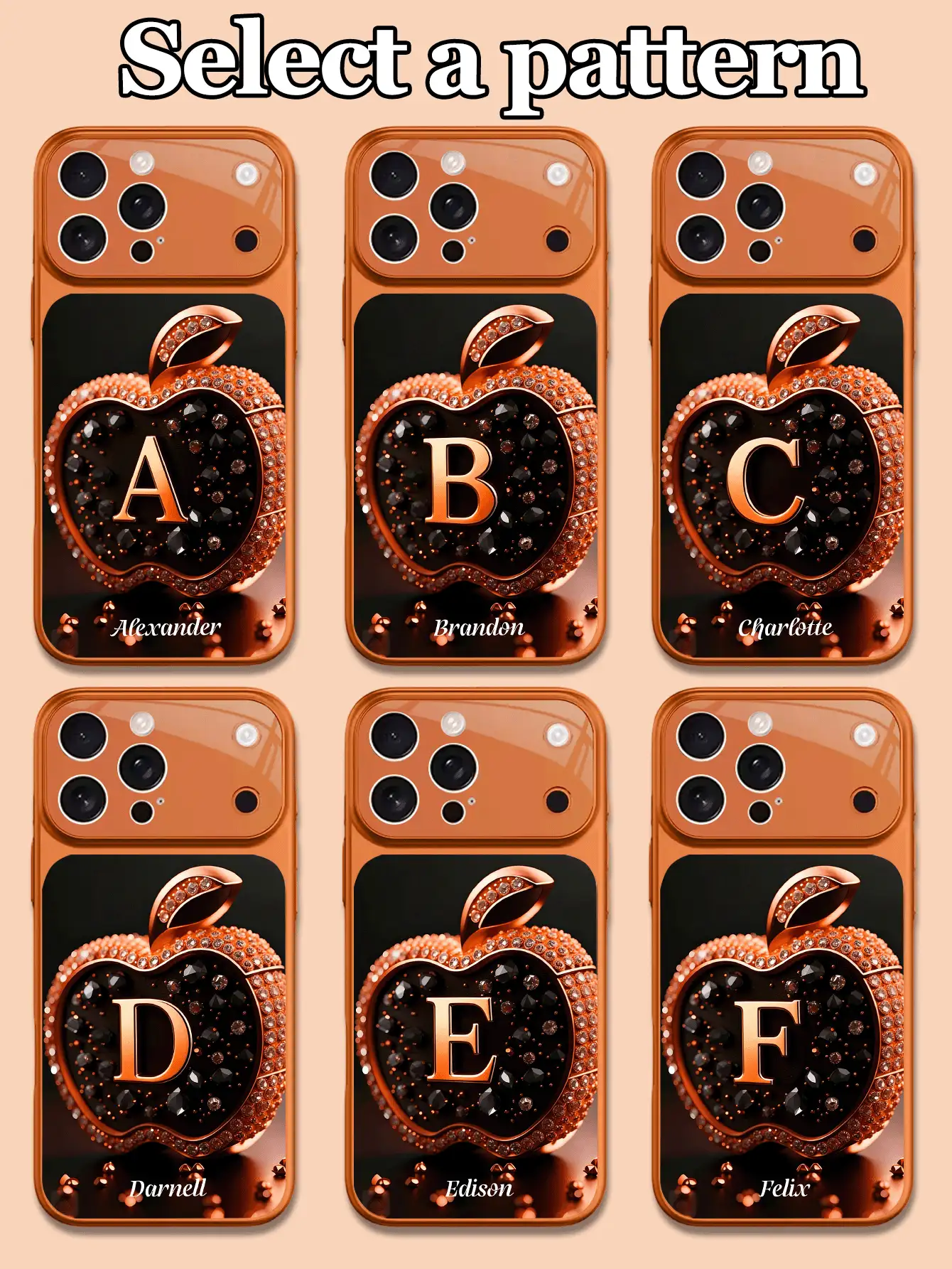 1 pieza Funda de teléfono de vidrio templado con diseño personalizable de texto y letras con patrón de manzana de rhinestone naranja, compatible con iPhone 17 ProMax/17 Air/15/16 Pro/14 Plus/13 Pro/12 Pro Max/11, protección de cámara y cubierta trasera de vidrio templado, gran ventana, mejor regalo para amigos y familiares - Naranja - Ver 2