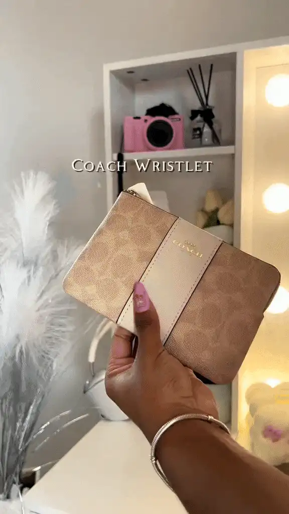 Coach 标志性帆布条纹转角拉链腕带 - 时尚设计皮革钱包 - 礼品 - 沙色/粉笔色/粉色 - Im/Sand/Chalk - 查看 2