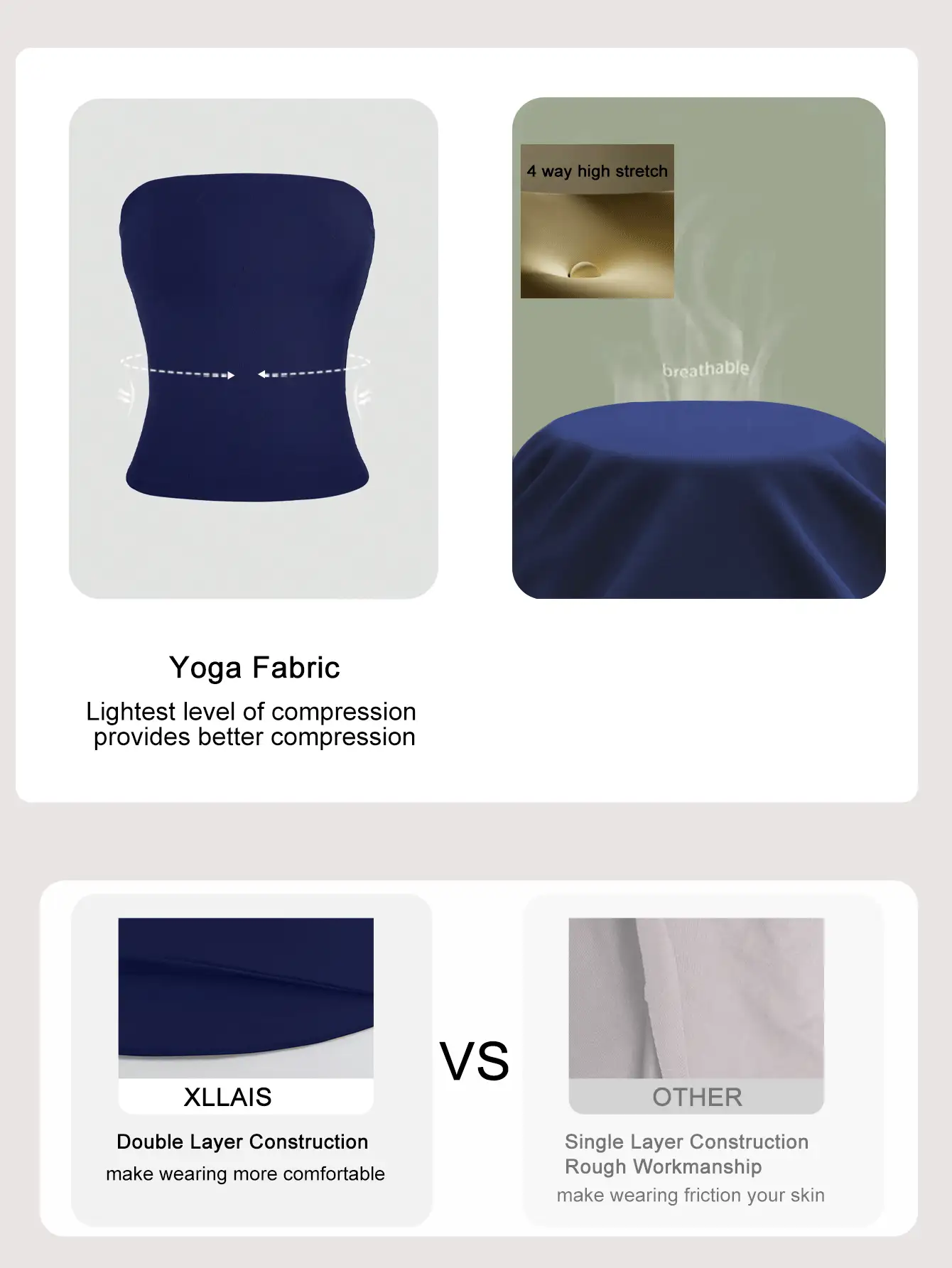 XLLAIS 性感无肩带基础款吊带背心，时尚纯色弹力修身抹胸上衣，适合女性四季休闲夏季穿着 - 寶藍色 - 查看 3