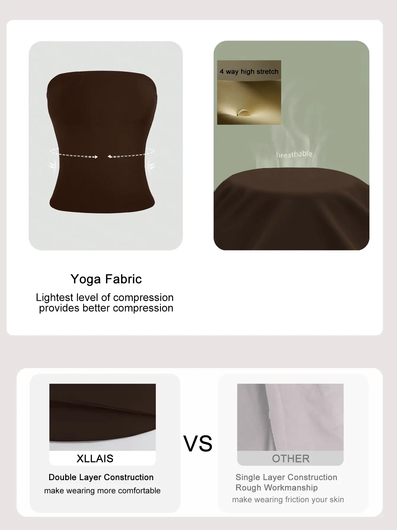 XLLAIS 性感无肩带基础款背心，时尚纯色弹力修身棕色抹胸上衣，四季皆宜。