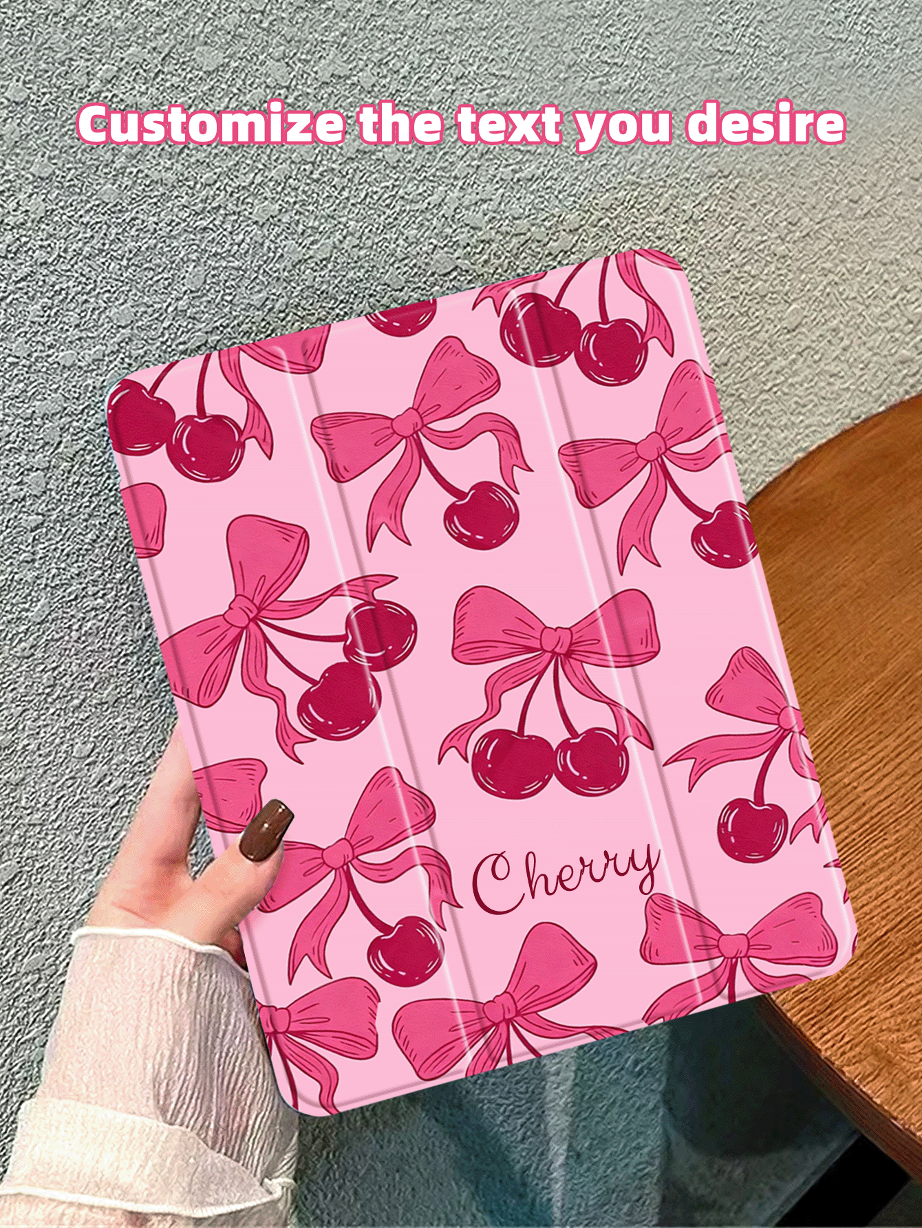 Cherry Bow Customized Tablet Protective Case, Customizable Text, Compatible With IPad Mini4/Mini5/Mini6/Air/Air2/9.7/10.2/10.5/Air4/Air5/10.9/Pro 11-Inch/10th Gen/(A16)/IPad Air 11-In.(M2)-2024, Supports Auto Sleep/Wake, Built-In Pencil Slot, Multi-Angle Adjustable. Ideal For Work, Entertainment And Office Use. A Perfect Gift For Celebrations, Birthdays And Holidays For Friends, Colleagues And Family. - Multicolor - View 2