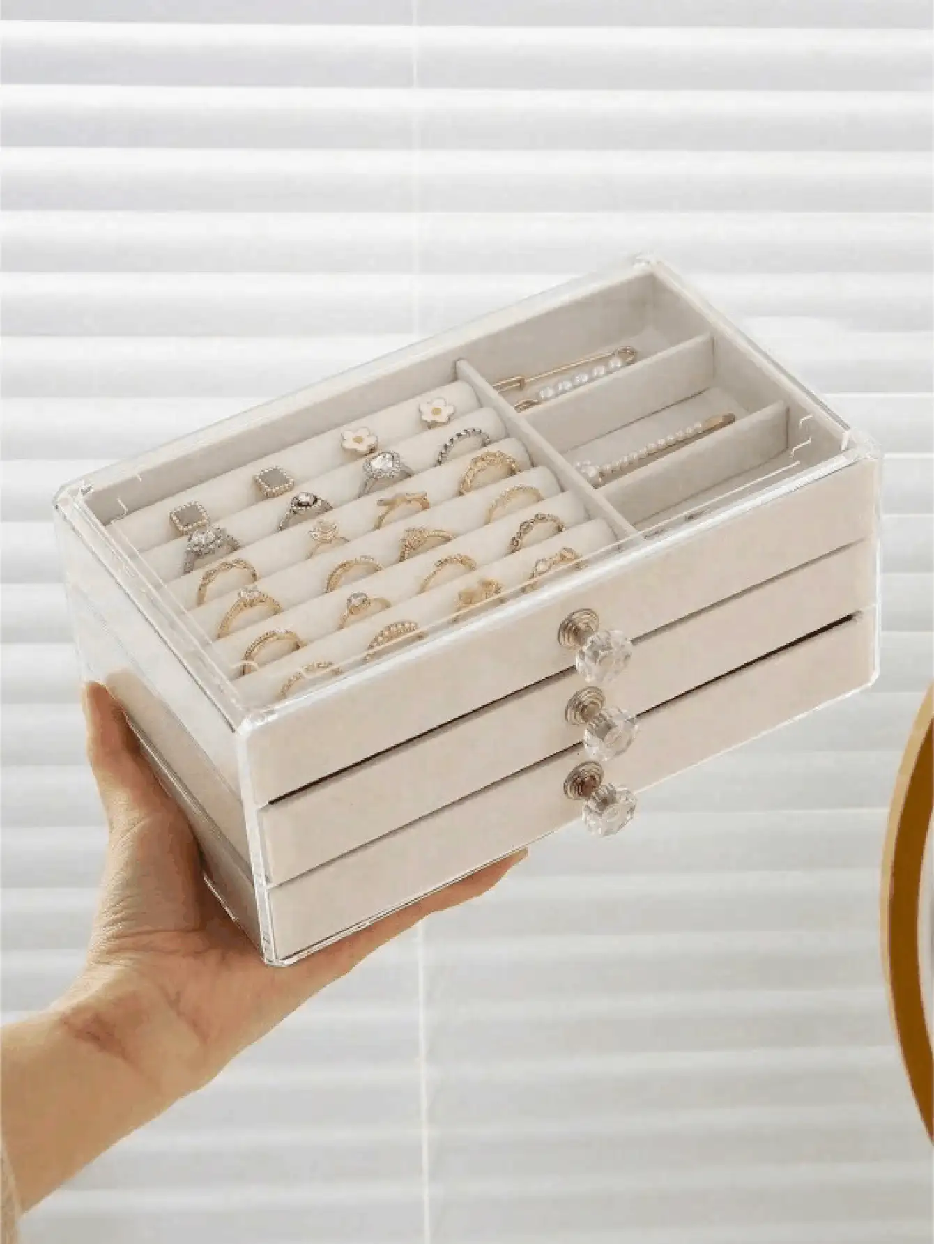 Velvet Jewelry Box, Drawer-Style Jewelry Organizer, Suitable For Storing Rings, Necklaces, Bracelets, Earrings And Pendants, Ring Box & Earring Organizer, Transparent Plastic & Velvet Drawer-Style Jewelry Storage, Travel Essential Companion - Multicolor - View 3
