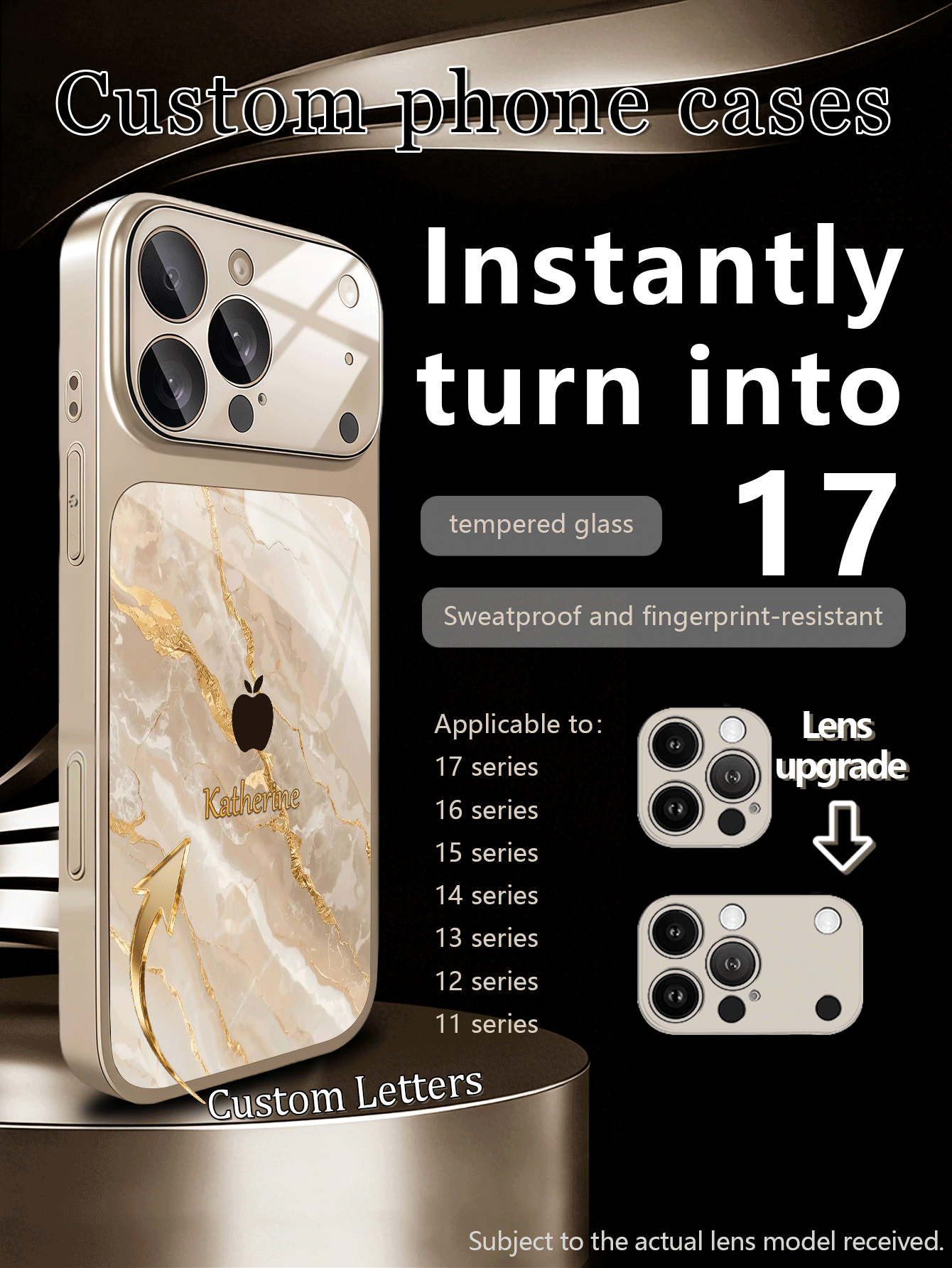 1pc Customized Name, Gold Marble Texture Apple Design Luxury Fashion Large Window Tempered Glass With Lens Protection Matte Finish Phone Case Compatible With IPhone 17/17Pro/17ProMax/17Air/16/16Pro/16ProMax/16Plus/15/15Plus/15Pro/15ProMax/14/14Plus/14Pro/14ProMax/13/13Pro/13ProMax/12/11 Phone Accessories, Full Coverage High-End Protective Cover - Gold - View 2
