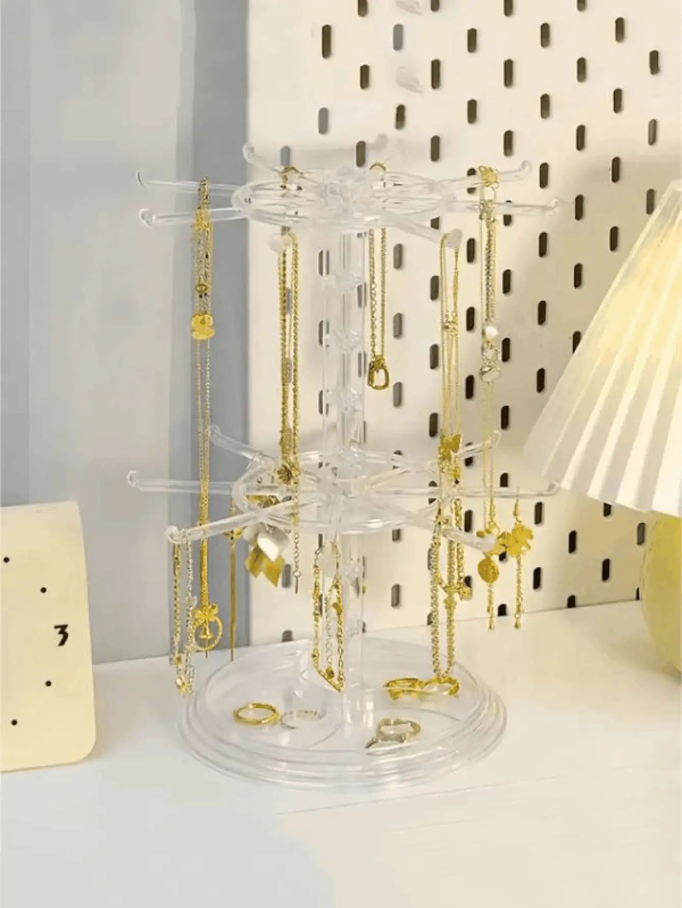 Rotating Jewelry Display Stand 2 Tier Keychain Holder Rack For Keyrings Badges Necklaces Bracelets Charms Multi-Functional Jewelry Holder Adjustable Countertop Organizer For Women Men For Vanity Living Room Bathroom Bedside Bedroom Shop Counter Display Jewellery Storage Home Decor Room Accessories School Supplies ,Room Decor - Multicolor - View 3