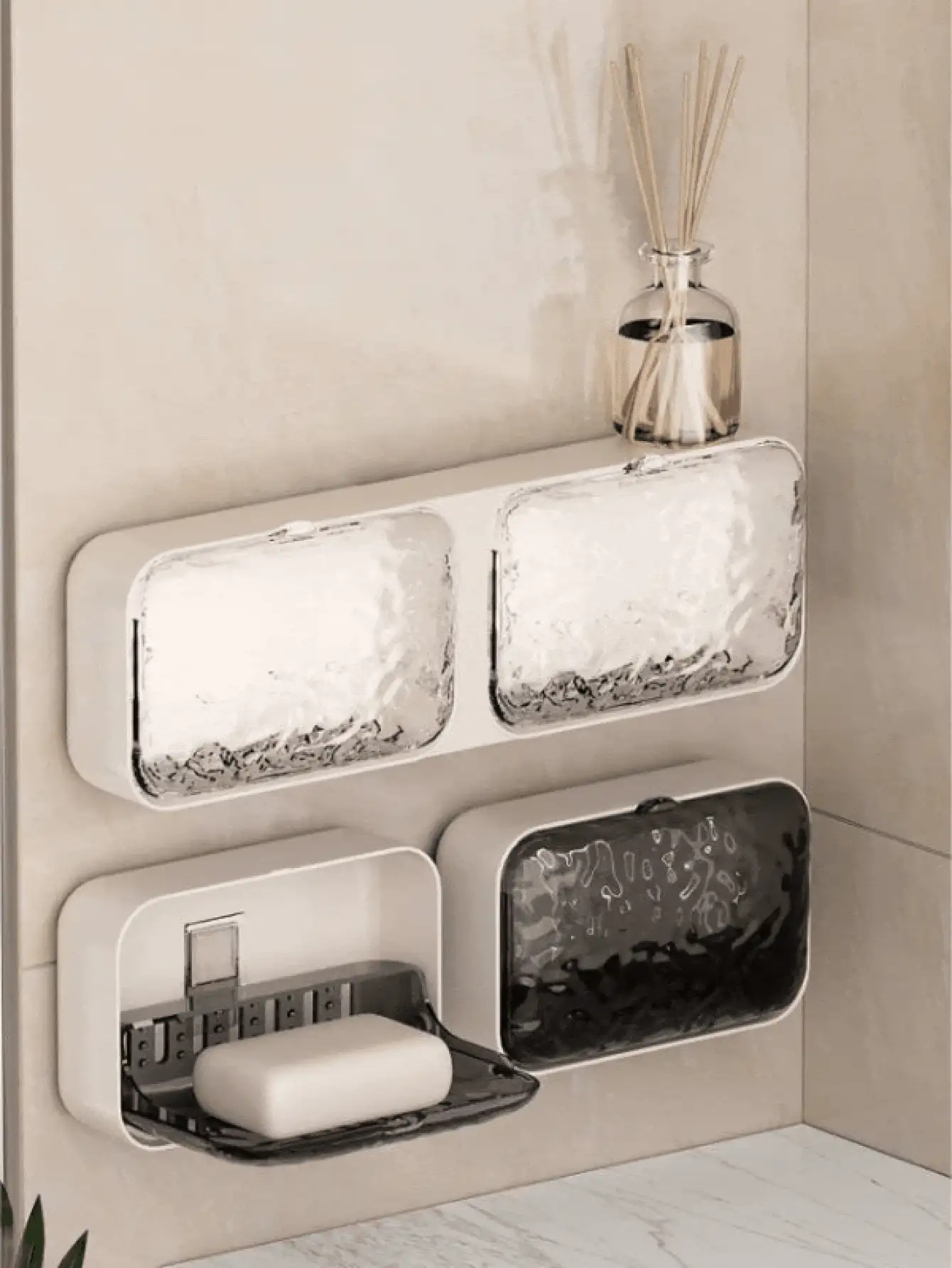 Wall Mounted Double Layer Plastic Soap Dish, No Drill Bathroom Storage Box With Iceberg Pattern Design, Suitable For Soap, Bar Soap, Body Wash And Other Bathroom Items Home Bathroom Decor Fall Decor Back To School - Multicolor - View 11