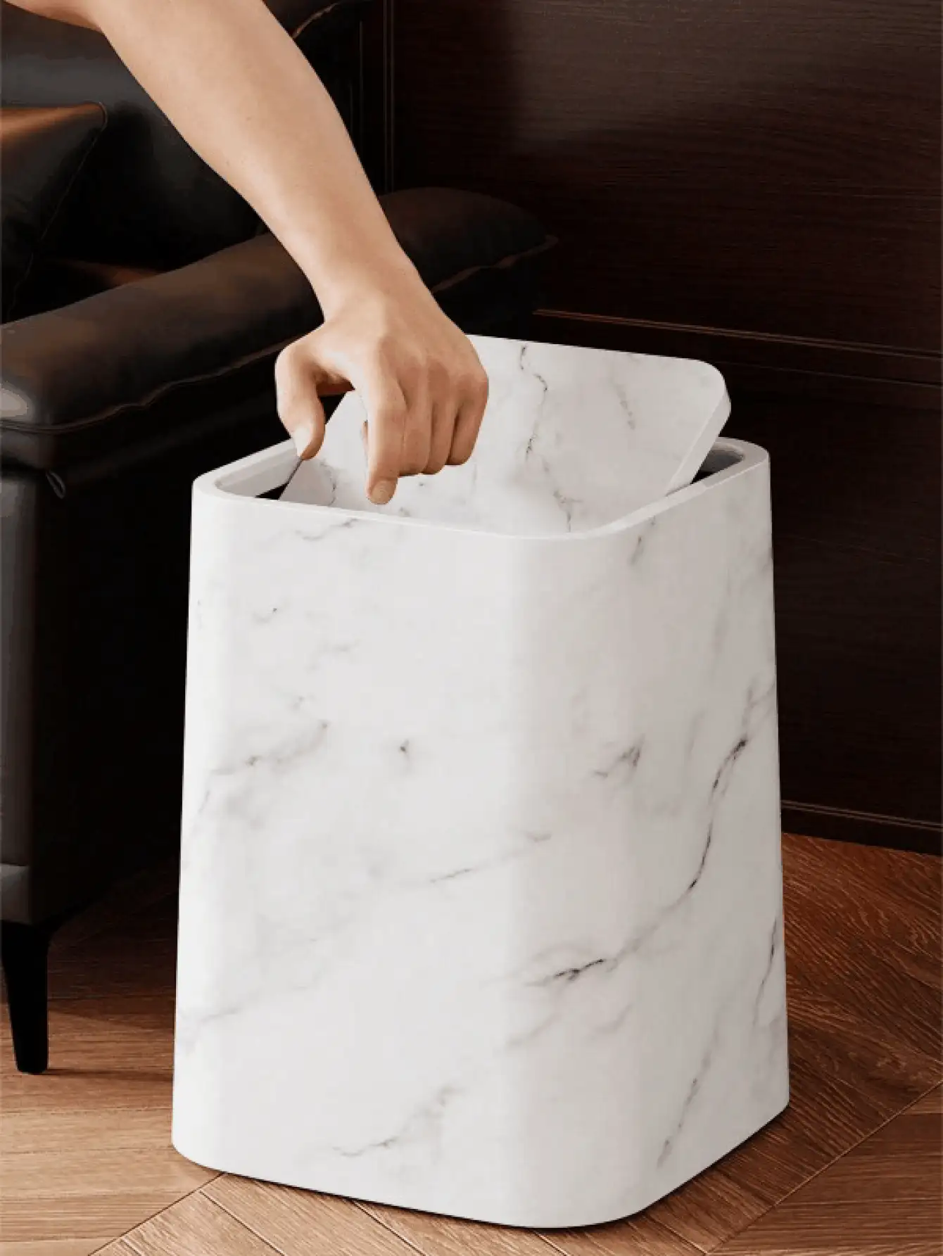 Marble Pattern Desk Trash Can, Brand New Minimalist Elegant Covered Garbage Bin, Suitable For Home, Bedroom, Living Room, Kitchen, Bathroom, Office, Dorm And Restroom - Easy To Clean And Maintain, Made Of Durable Plastic With Modern Aesthetic Design, Suitable For Bathroom Use. - Multicolor - View 3
