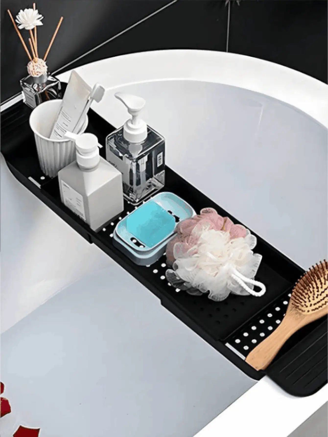 Expandable Multi-Purpose Bathtub Drain Rack, Plastic Bathtub Organizer Shelf, Can Hold Towels, Books, Drinks And Phones, Stylish Drainage Design, Suitable For Shower Accessories, Bookshelf Storage Rack Accessories, Shower Supplies