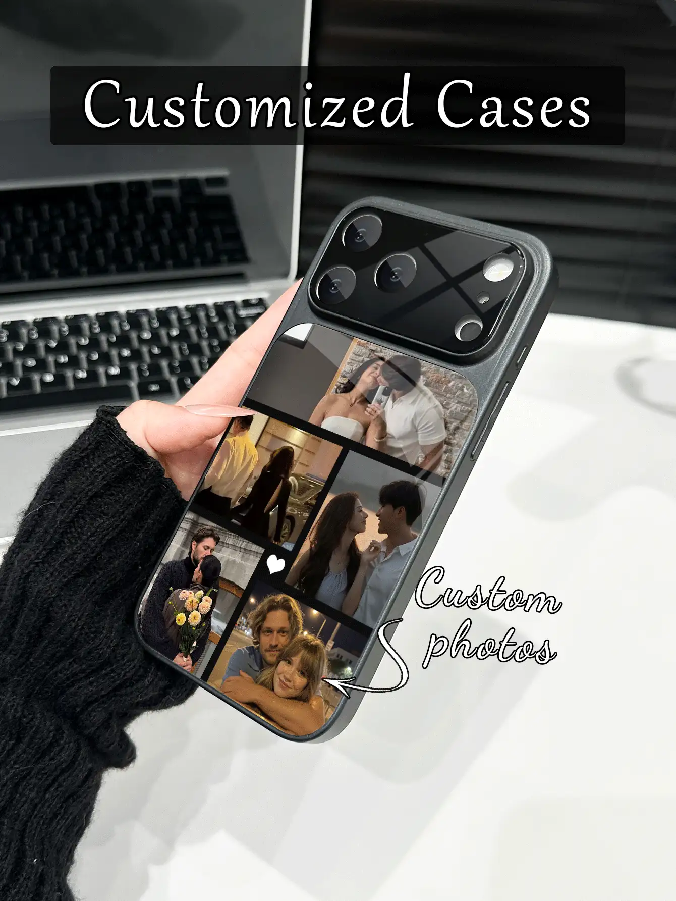 1pc Customized 5-Photo Family/Couple Portrait Tempered Glass Luxury Fashion Large Window Matte Anti-Fall Phone Case, Compatible With IPhone 17/17Pro/17ProMax/17Air/16/16Pro/16ProMax/16Plus/15/15Plus/15Pro/15ProMax/14/14Plus/14Pro/14ProMax/13/13Pro/13ProMax/12/11 - Black - View 2
