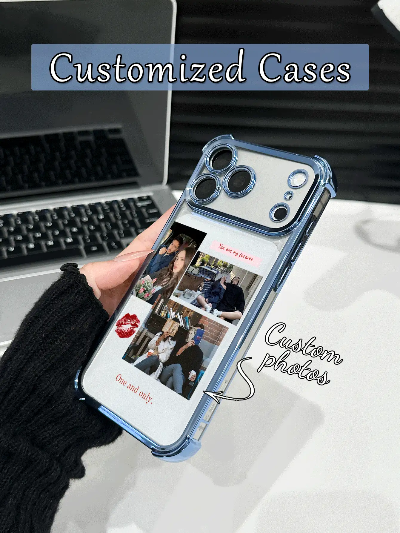 1 pieza Funda de teléfono personalizada con 3 fotos de retrato familiar/de pareja, diseño de texto personalizado, cubierta protectora transparente de TPU con electrochapado azul a prueba de golpes compatible con iPhone 17 Pro Max/16 Pro Max/15 Pro/14 Plus/13/12/11/XR/XS MAX y S25 Ultra/S24 Ultra/S23 Ultra/S22 Ultra/S21 Ultra/S21 Plus/S21 FE/S20 FE, de moda, colorida, linda, divertida, minimalista, personalizada Kawaii, única, regalo ideal para novio/novia