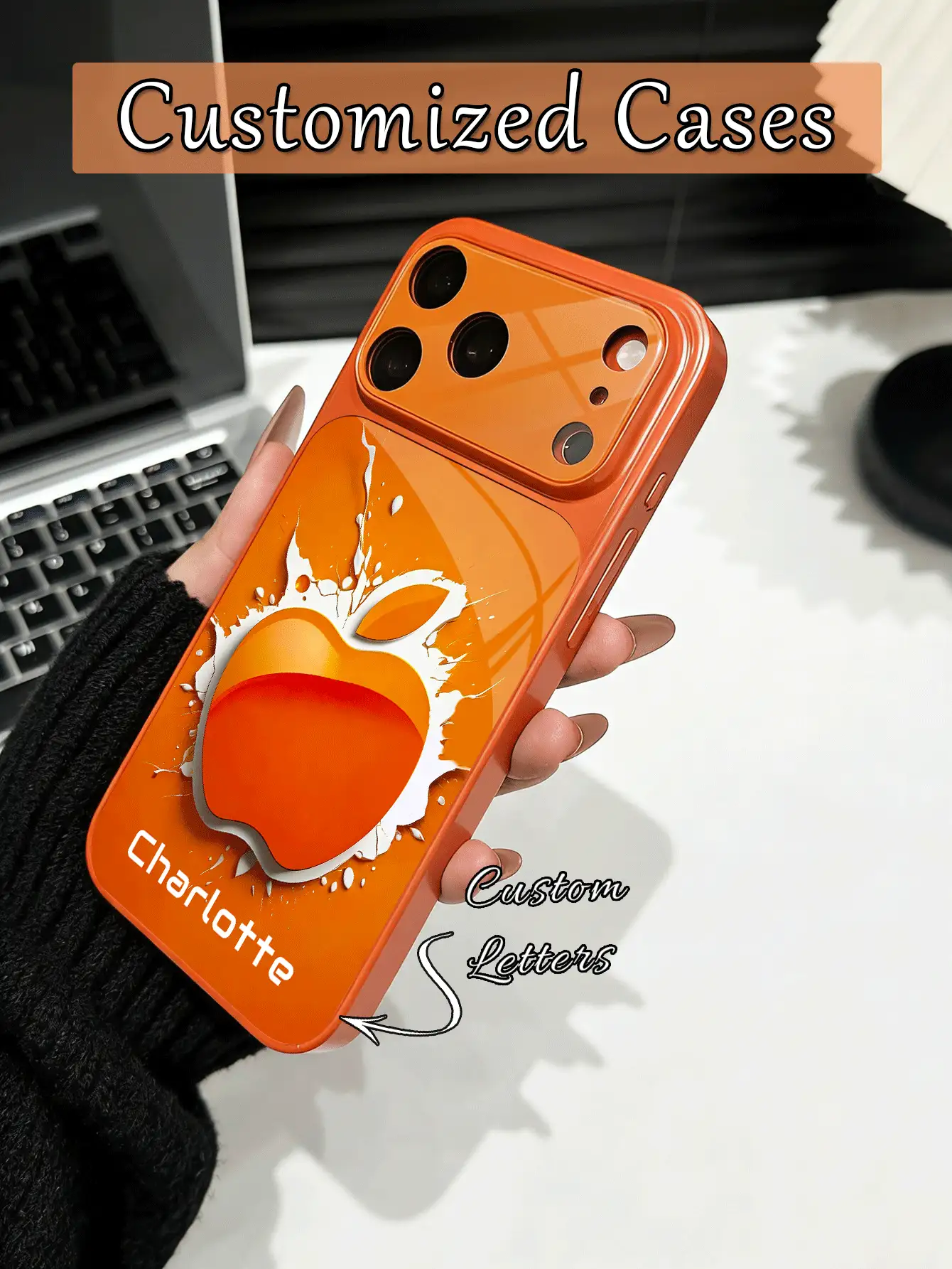 1 pieza Funda de teléfono personalizada con nombre, patrón único de salpicaduras de pintura naranja con gran ventana de vidrio templado con protección de lente, mate y anti-caída, compatible con iPhone 17/17Pro/17ProMax/17Air/16/16Pro/16ProMax/16Plus/15/15Plus/15Pro/15ProMax/14/14Plus/14Pro/14ProMax/13/13Pro/13ProMax/12/11, accesorios de teléfono, cubierta de protección premium - Naranja - Ver 2