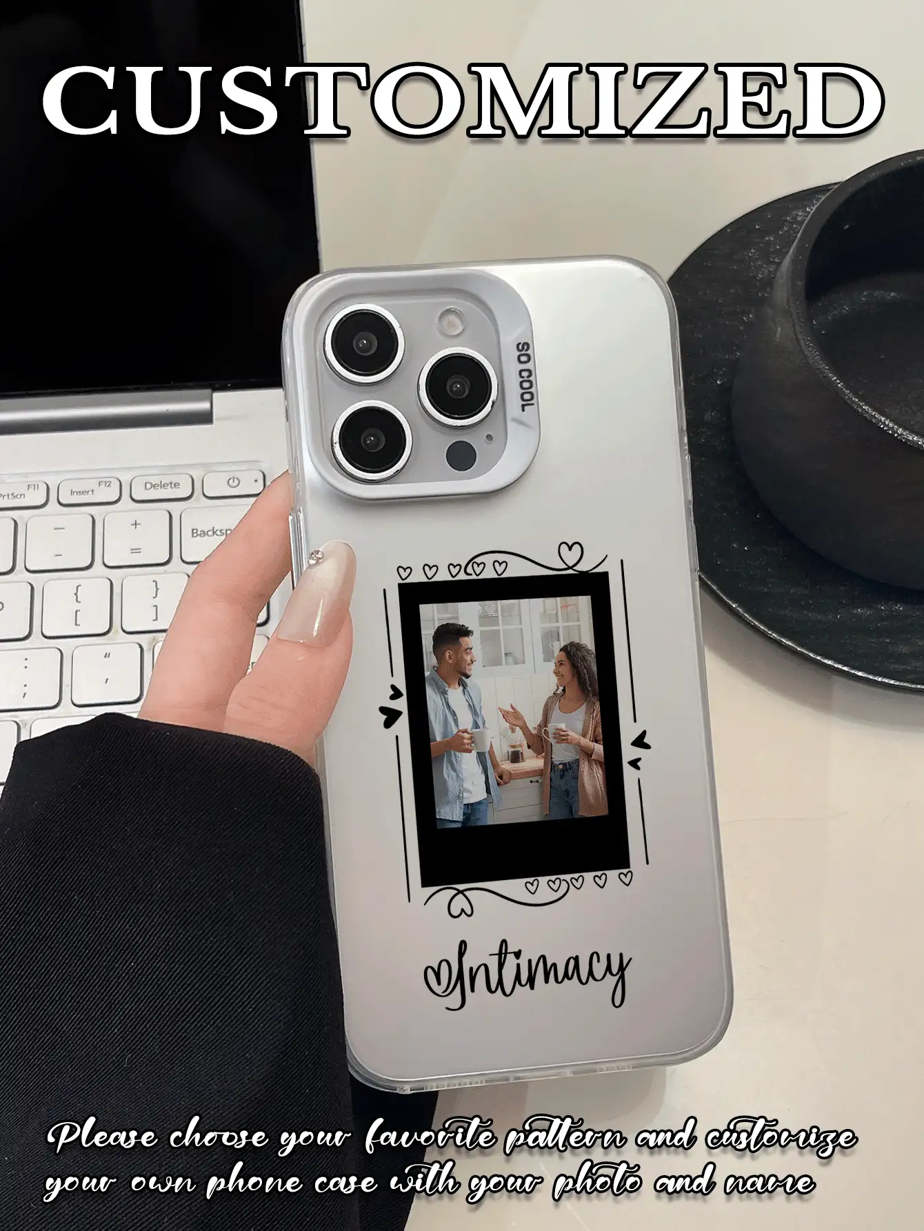 1pc Customized Valentine's Day Heart & Text Design, Personalized White Hollow Lens Protective Phone Case, Suitable For IPhone 17 Air, 16, 15, 14, 13, 12, 11 Pro Max - White - View 2