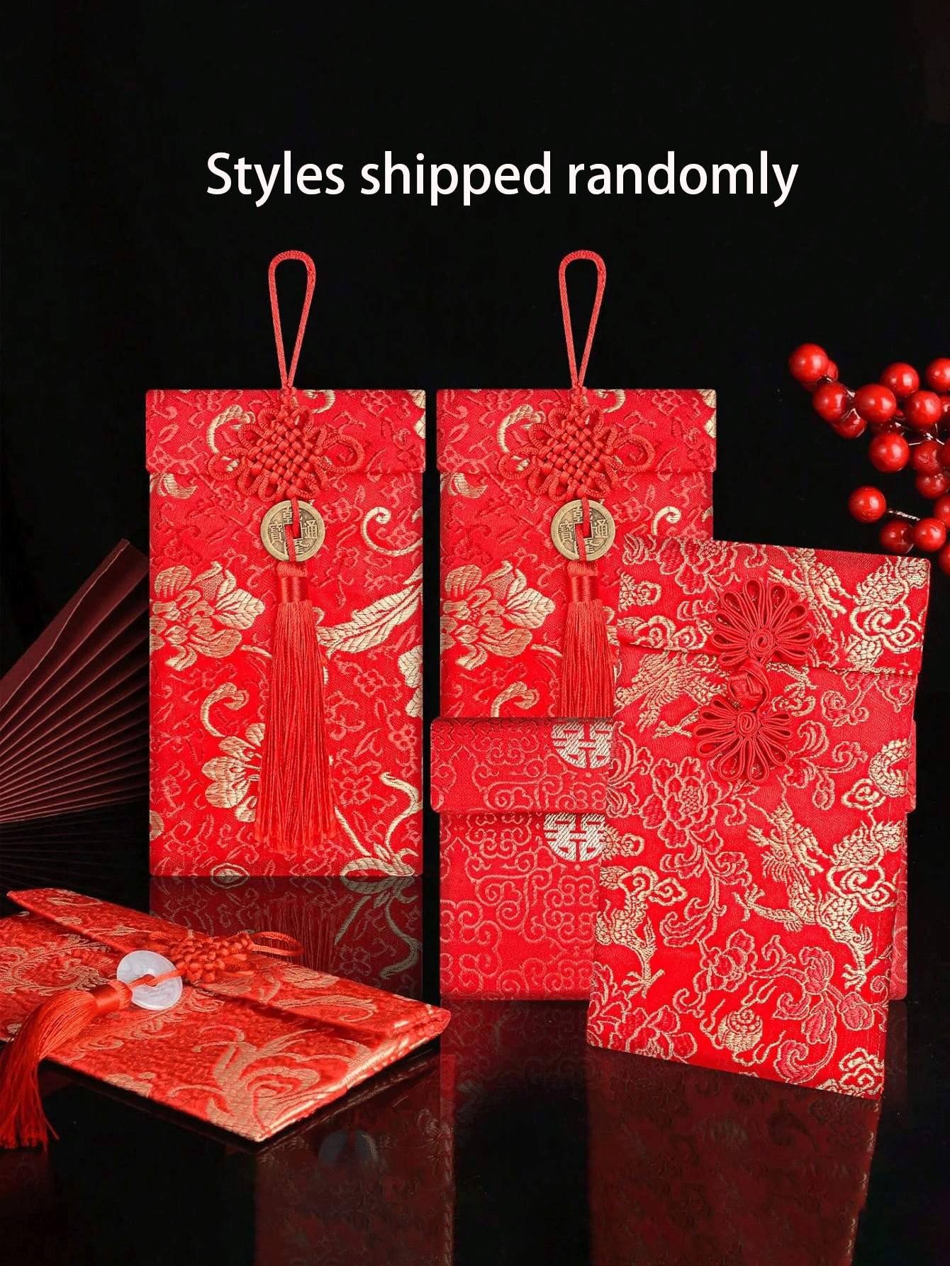 4pcs Silk Red Envelopes, Chinese Red Pocket Money Envelopes With Knot Tassel & Coin Charms, Suitable For Chinese New Year, Wedding, Birthday, 4 Styles - Red - View 4