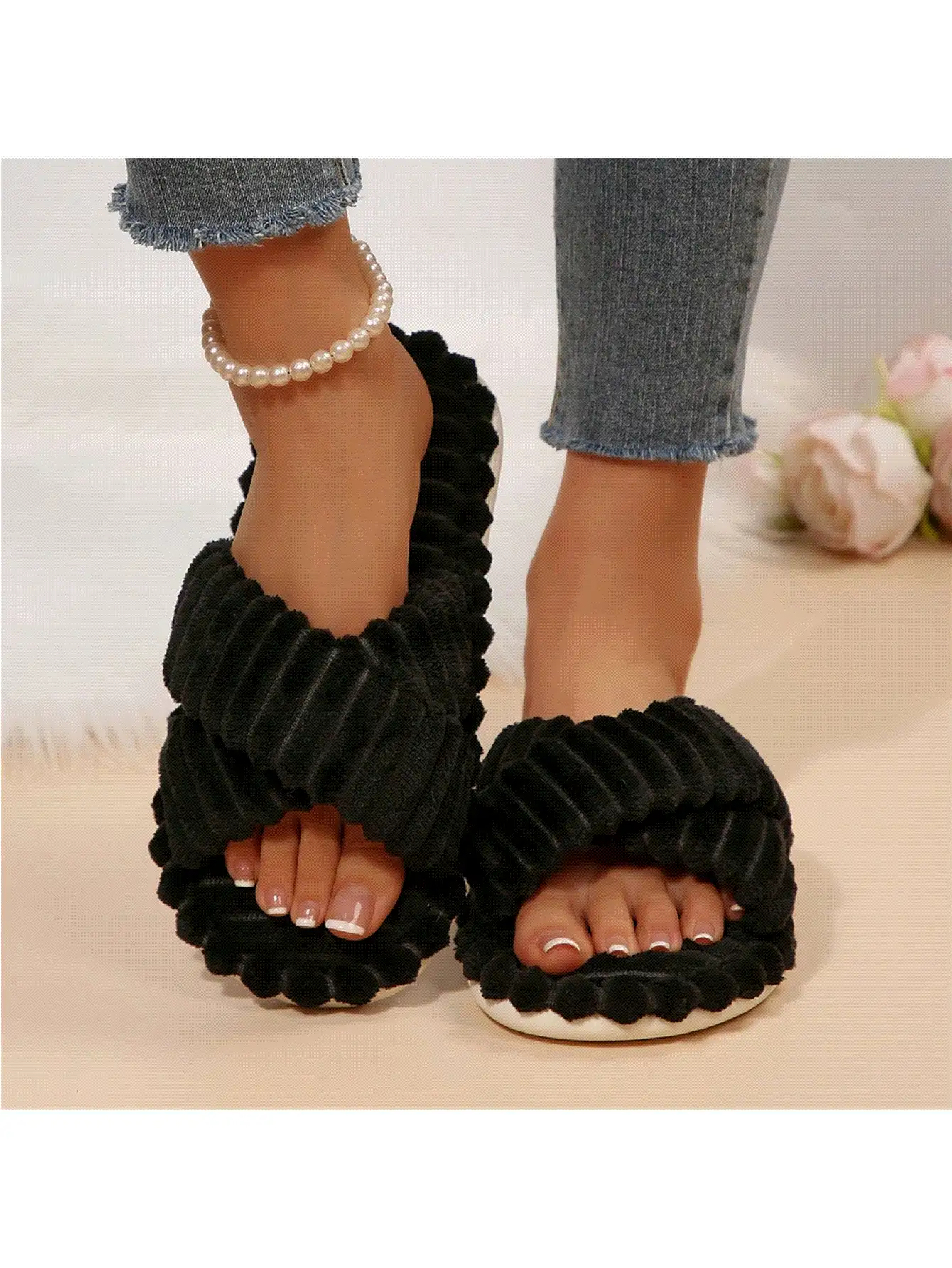 女士露趾记忆棉拖鞋，交叉绑带设计，秋冬季室内毛绒拖鞋