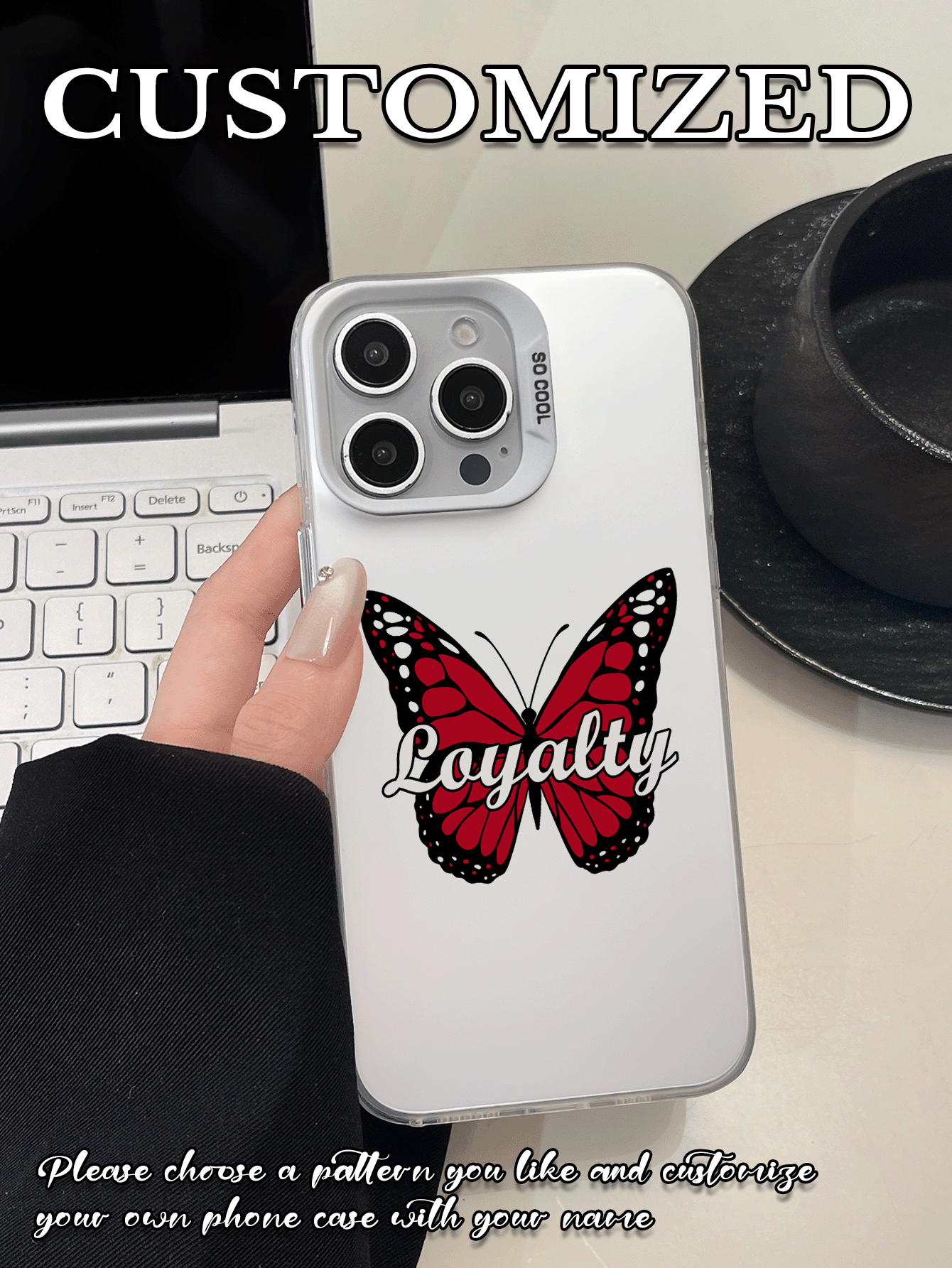 1个定制蝴蝶文字个性化白色镂空镜头保护手机壳，兼容 17 Air、16、15、14、13、12、11 Pro Max - 白色 - 查看 2