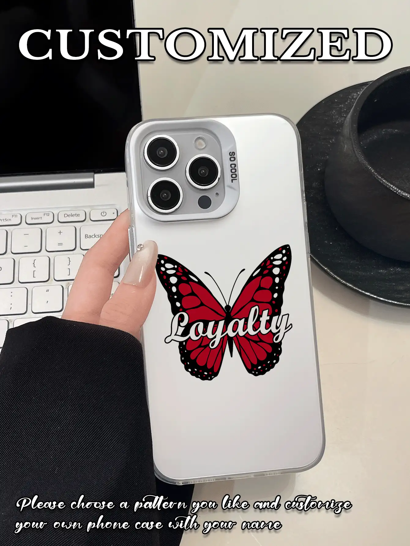 1 pieza Funda de teléfono protectora con lente hueca blanca y texto de mariposa personalizado, compatible con iPhone 17 Air, 16, 15, 14, 13, 12, 11 Pro Max - Blanco - Ver 2