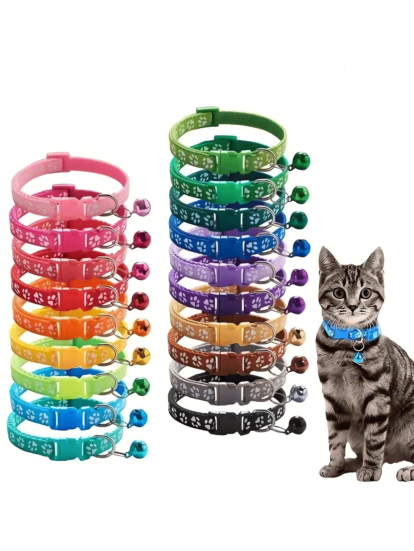 Colorful, Cute Bell Cat Collar, Adjustable Bell Cat Collar, Cartoon Paw Print Collar, Cat Supplies, Adorable Print Pet Collar, Suitable For Cats And Kittens - Adjustable - Multicolor - View 2