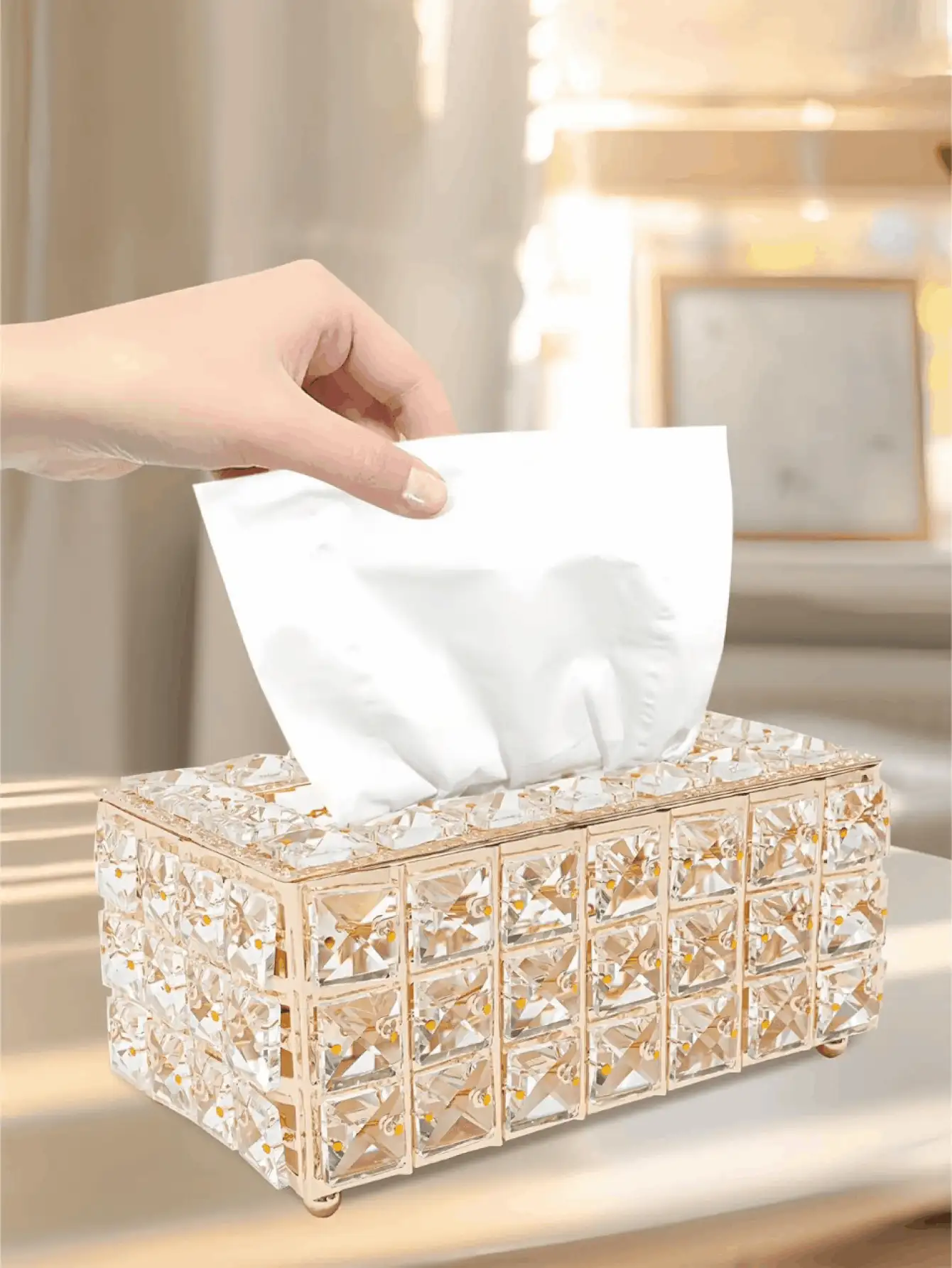 Luxury Crystal Paper Box, Rectangular Deluxe Tissue Box, Shiny Decorative Tissue Paper Holder, Suitable For Restaurant, Bathroom, Bedroom, Living Room, Desk, Vanity - Essential Home Decor & Storage - Silver - View 3