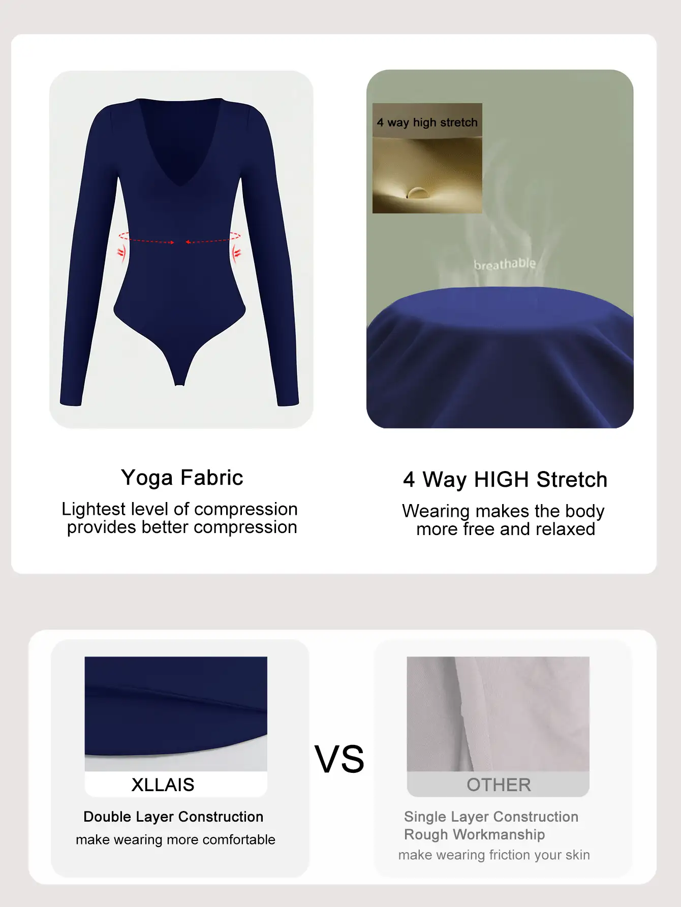 XLLAIS 2025秋季新款性感V领紧身基本款长袖白色连体衣女式休闲T恤日常穿着优雅 - 寶藍色 - 查看 3