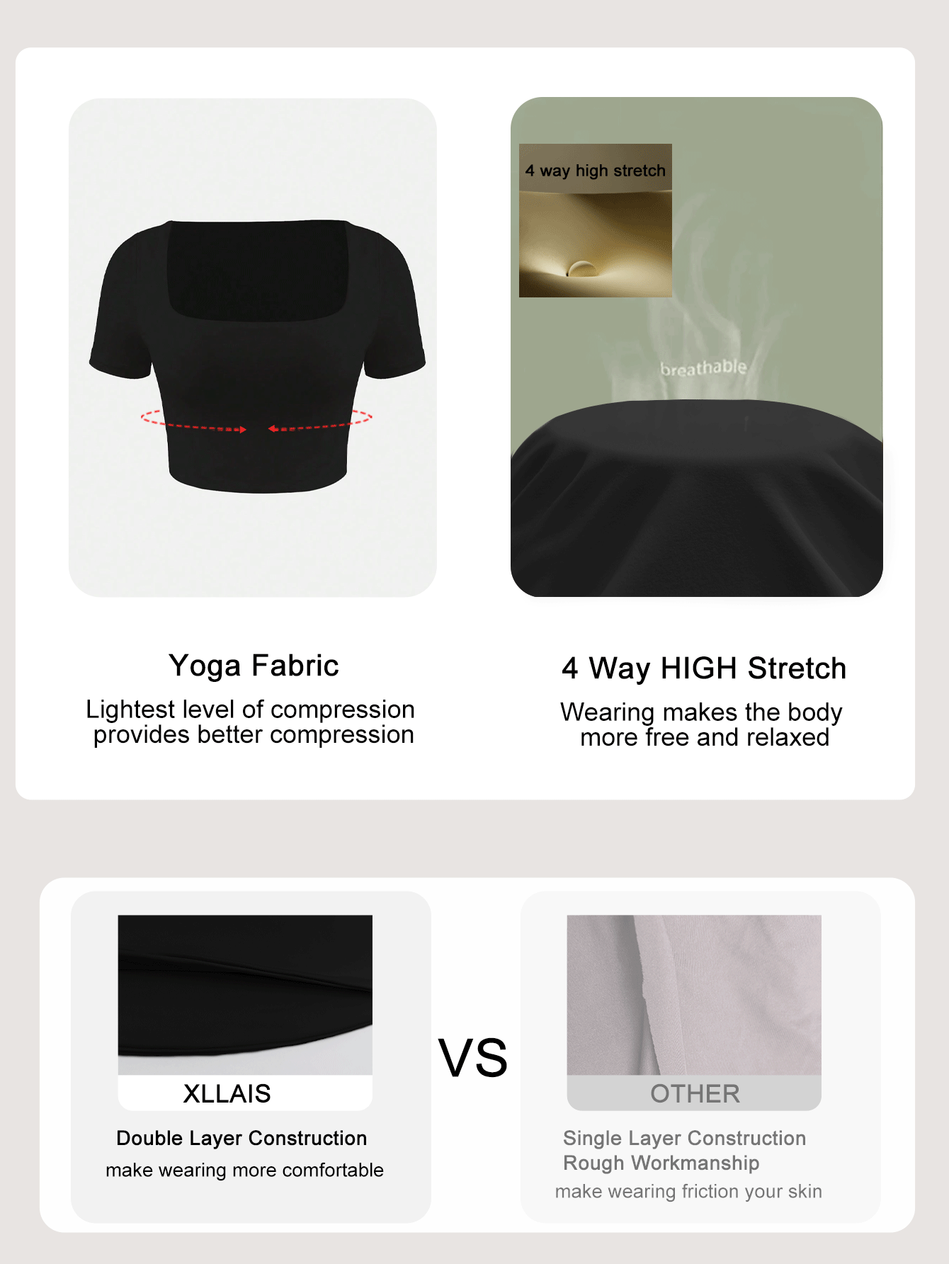 XLLAIS 方领短袖T恤，高弹透气双层修身基础款白色露脐上衣，女款 - 黑色 - 查看 7