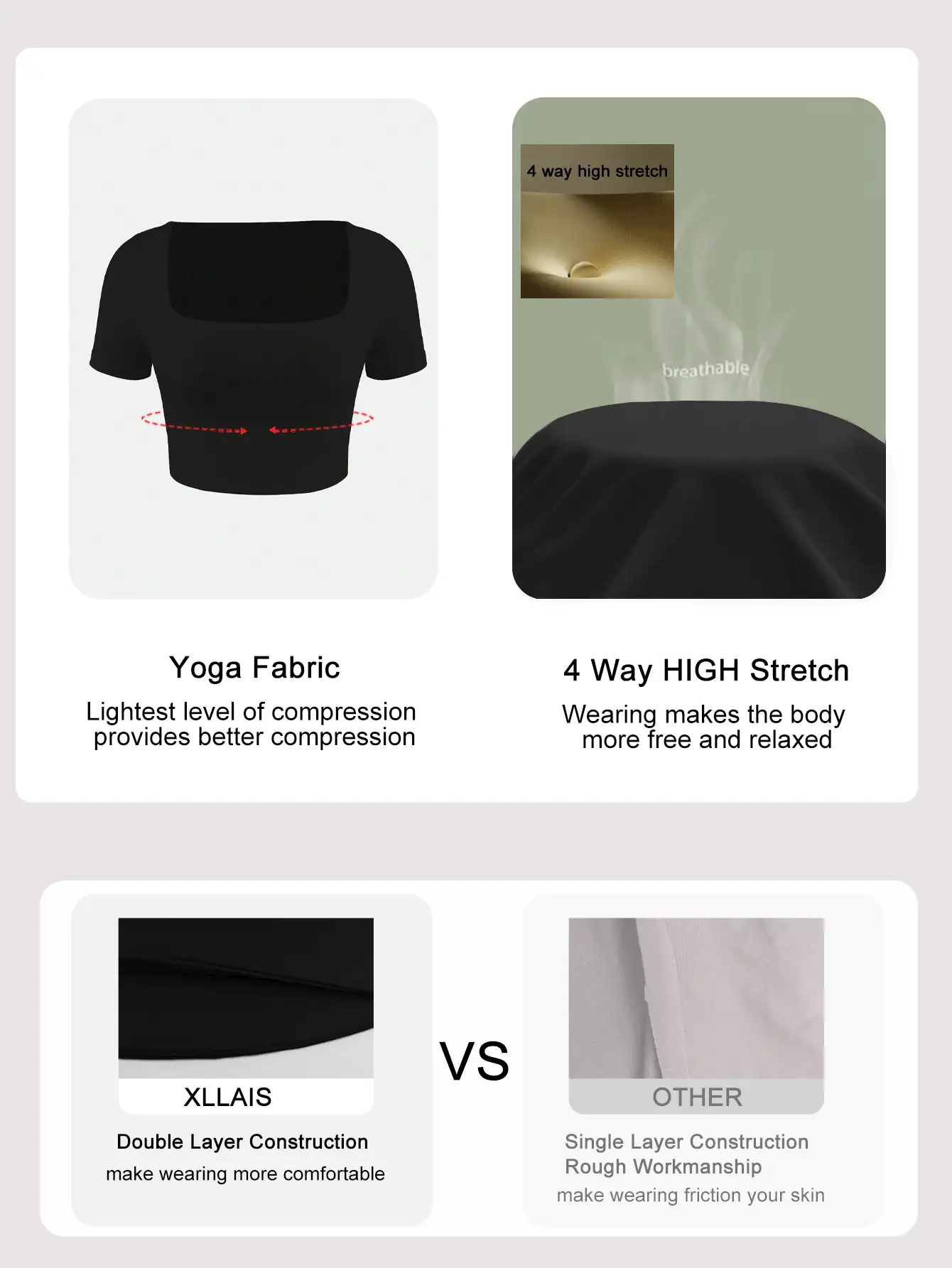 XLLAIS Square Neck Short Sleeve T-Shirt, High Stretch Breathable Double-Layer Fitted Basic White Cropped Top, Women - Black - View 7