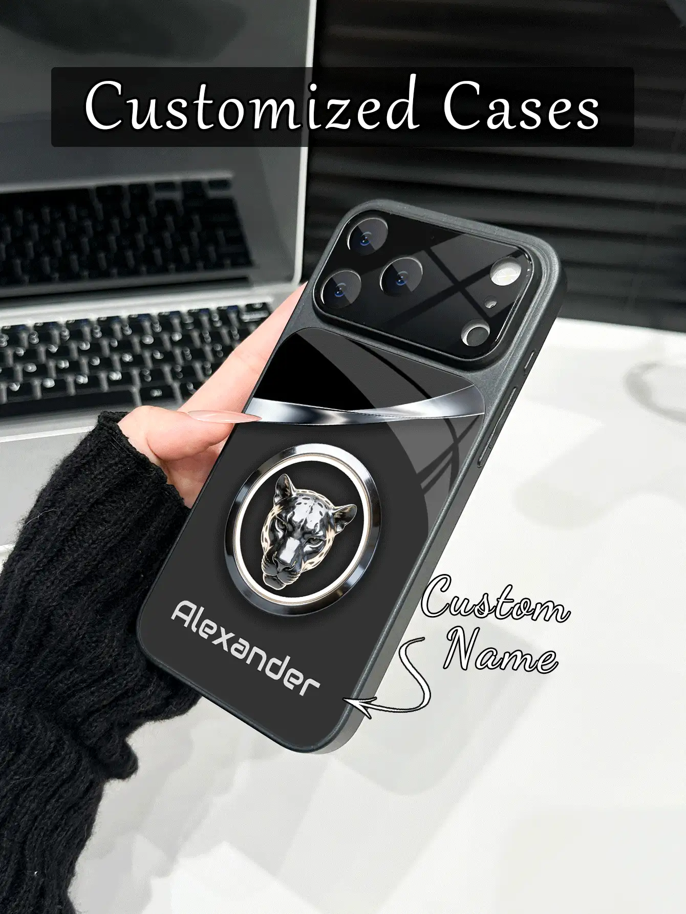 1pc Customized Name, Fierce Leopard Head Ring Design Luxury Fashionable Large View Tempered Glass With Lens Protection Matte Anti-Drop Phone Case Compatible With Iphone 17/17Pro/17ProMax/17Air/16/16Pro/16ProMax/16Plus/15/15Plus/15Pro/15ProMax/14/14Plus/14Pro/14ProMax/13/13Pro/13ProMax/12/11 Phone Accessories, Full Coverage High-End Protection Cover - Black - View 2
