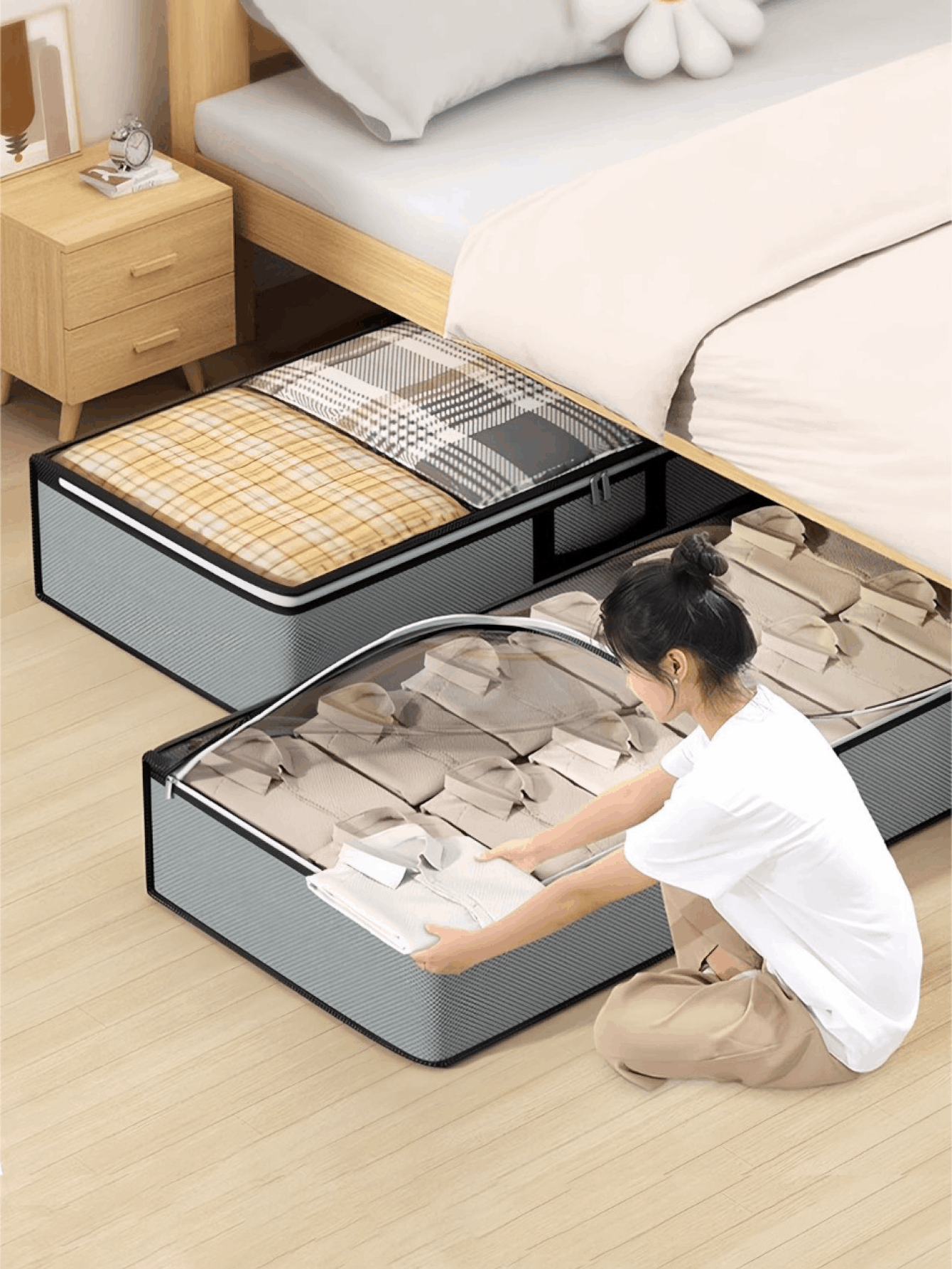 Caja de almacenamiento plegable extra grande para debajo de la cama, gruesa y duradera anti-rasgado, con asas reforzadas y cremallera resistente, ahorra espacio en el armario, adecuada para guardar mantas, toallas, edredones, suéteres, almohadas, almacenamiento en el hogar, esencial para dormitorios universitarios - Gris - Añade 2