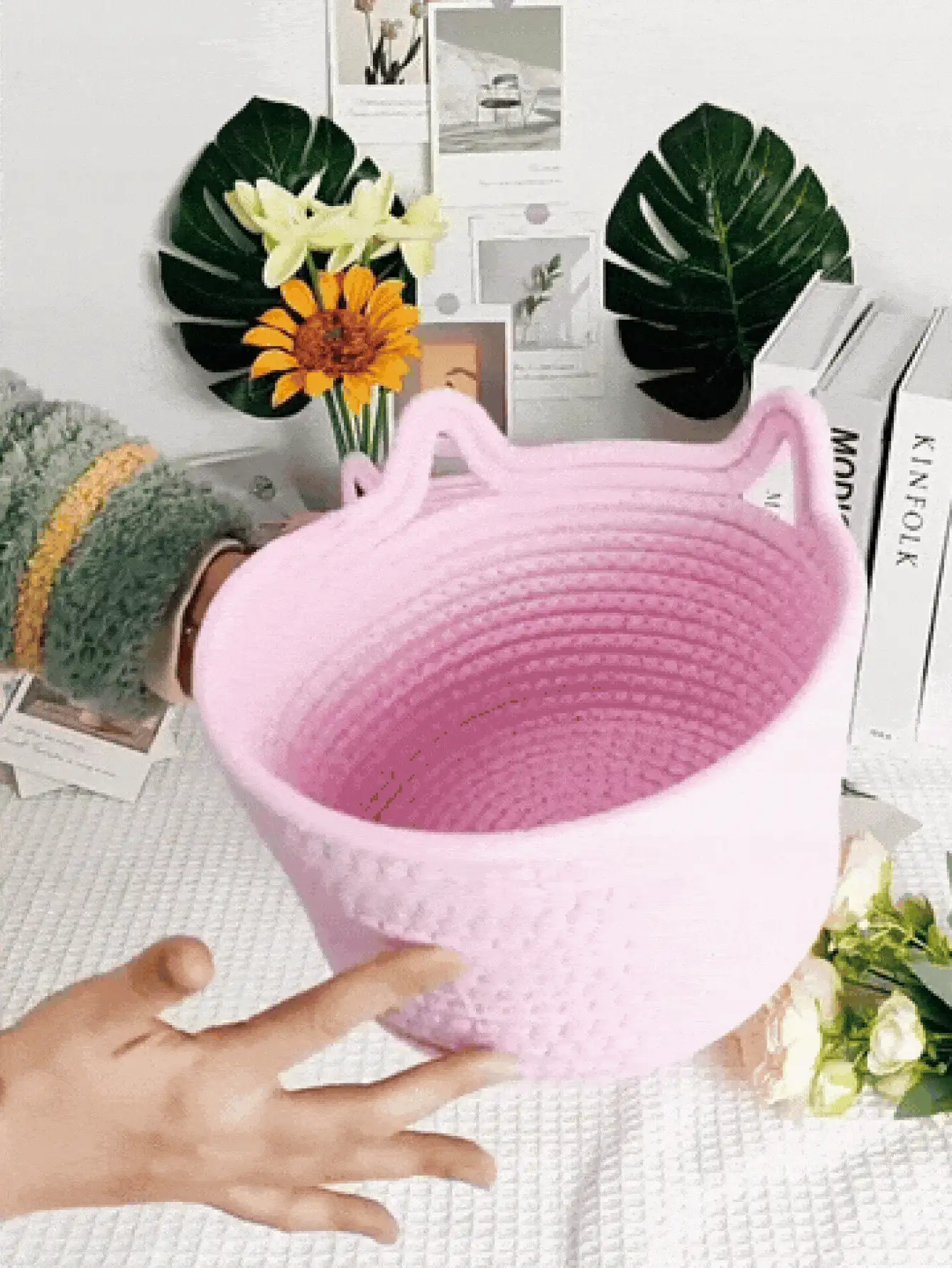 Handmade Woven Storage Basket, Rope Storage Box, Handmade Small Item Storage Box, Desktop Storage Basket, Cat Ear Shaped, Can Store Keys, Wallets, Toys, Small Items, Holiday Decor Basket, Room Decor, Home Accessories, Apartment Essential, Back To School & Travel Essential - Multicolor - View 3