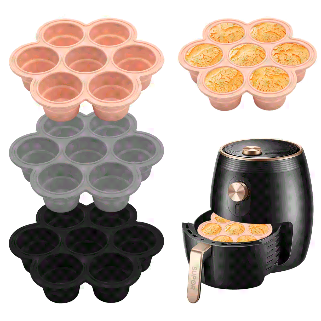 3pcs Multifunctional Silicone Air Fryer Baking Molds - Collapsible, Non-Stick, Suitable For Cakes, Cupcakes, Muffins And Egg Bites - Essential Kitchen Accessories - Multicolor - View 2