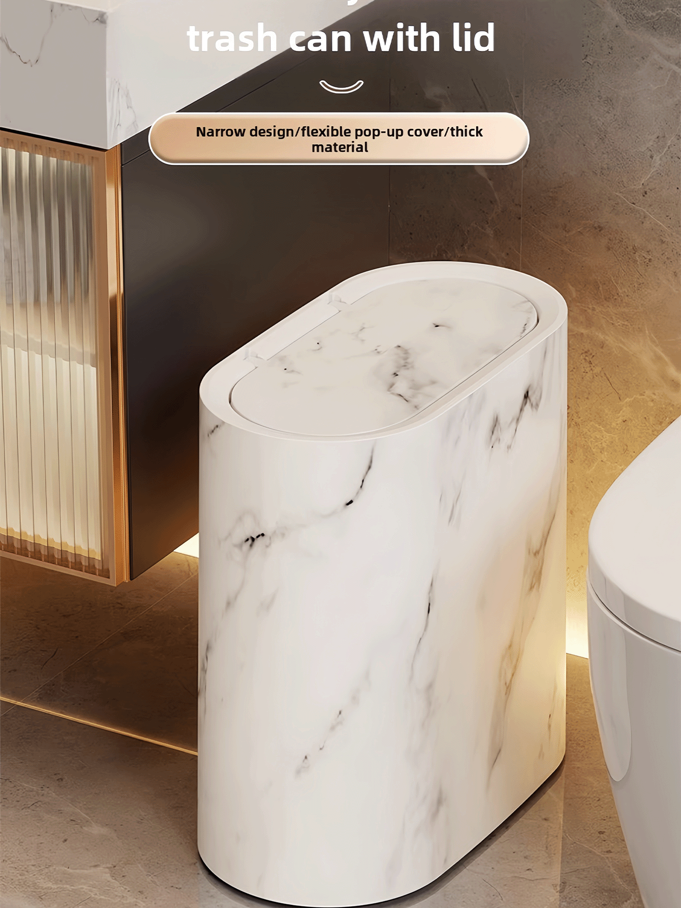 Marble Pattern Corner Trash Can - Square Sealed Odor-Proof Design, Press-To-Open, Suitable For Bathroom, Hotel, Home, Homestay, Kitchen, Living Room, Plastic Material, Fashionable And Elegant, Suitable For Narrow Spaces, Space-Saving, Bathroom Trash Can, Home Decor, Bathroom Decor And Accessories - Multicolor - View 2