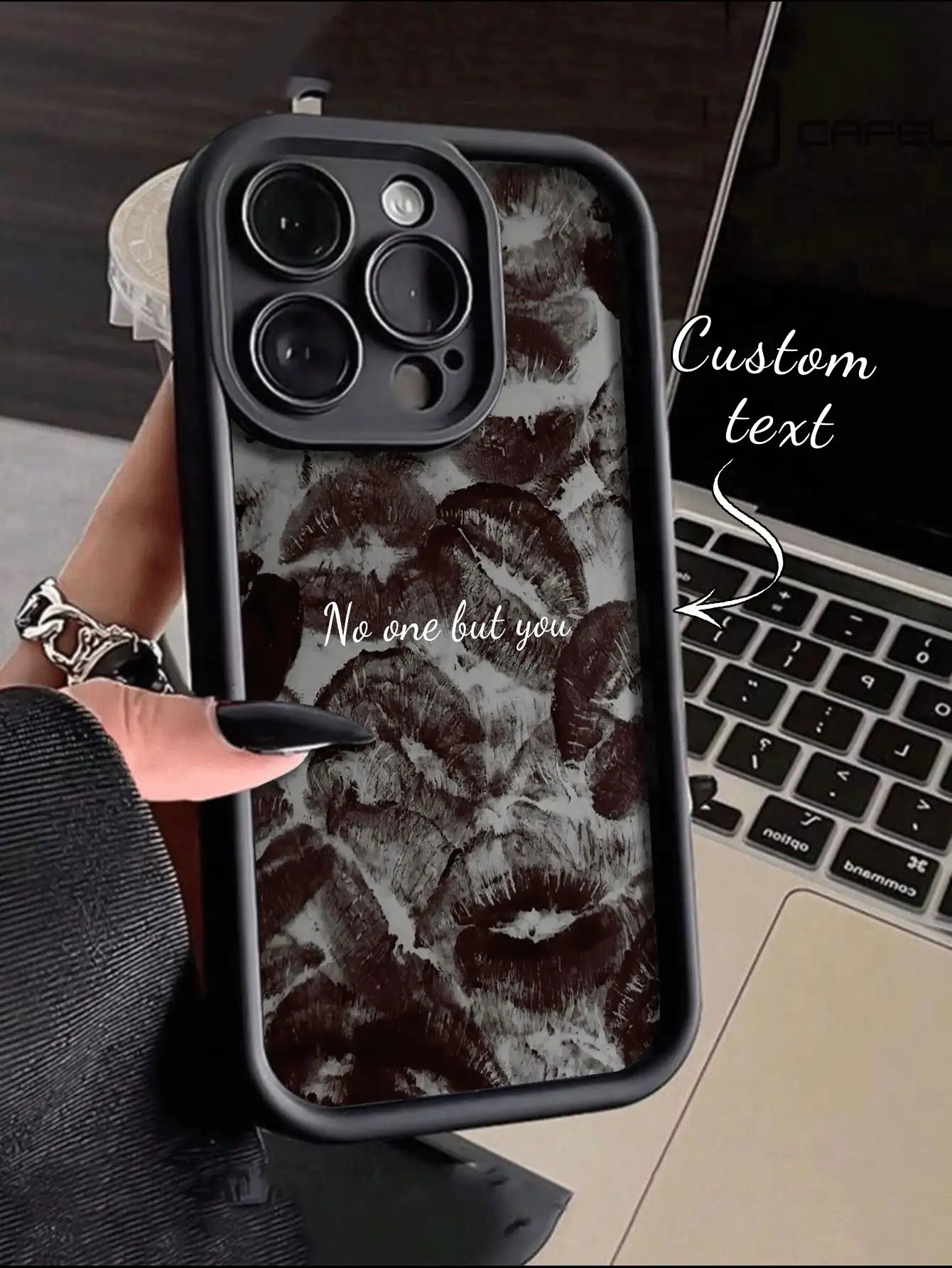 1pc Customized Text Phone Case, Black Lip Kiss Pattern TPU Thickened Bumper Full Coverage Shockproof Silicone Lens Protection Cover, Compatible With Samsung And Compatible With IPhone 17/17Pro/17ProMax/17Air/16/16Pro/16ProMax/16Plus/15/15Plus/15Pro/15ProMax/14/14Plus/14Pro/14ProMax/13/13Pro/13ProMax/12/11 Phone Accessories, High-Quality Protective Case - Black - View 2