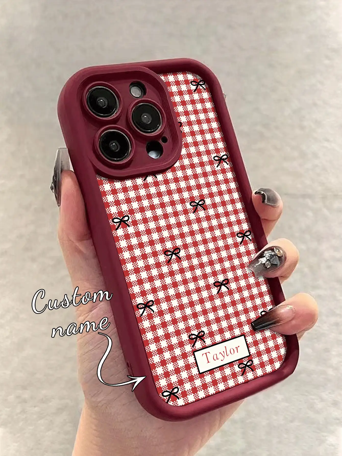 1pc Customized Text Phone Case, Red Plaid Bow Design TPU Thick Edge Full Body Shockproof Silicone Lens Protection Phone Case Compatible With Samsung Compatible With IPhone 17/17Pro/17ProMax/17Air/16/16Pro/16ProMax/16Plus/15/15Plus/15Pro/15ProMax/14/14Plus/14Pro/14ProMax/13/13Pro/13ProMax/12/11 Phone Accessories, Premium Protection Cover - Burgundy - View 2