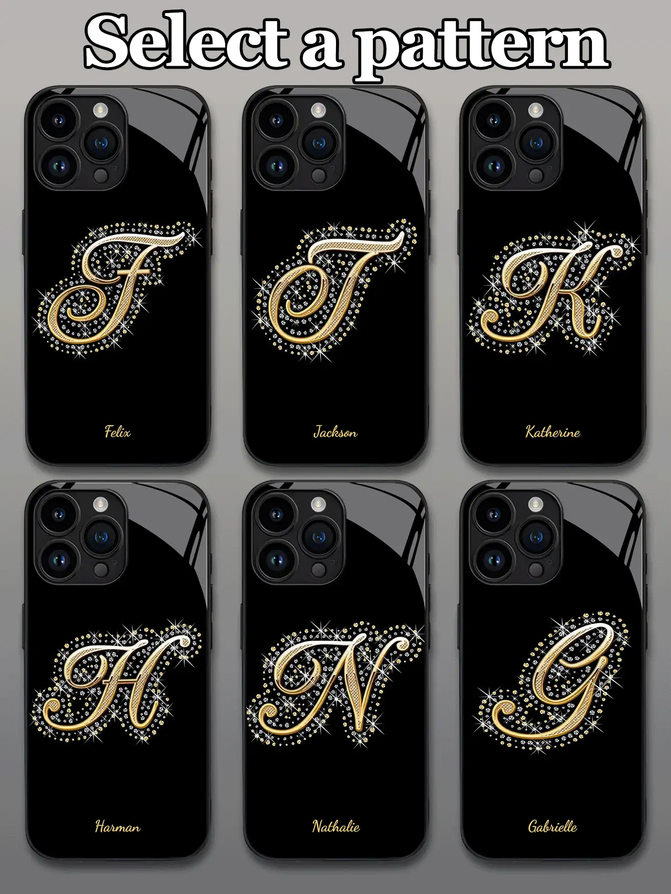 1 ốp lưng điện thoại bằng kính cường lực in chữ cái mạ vàng tùy chỉnh, tương thích với iPhone 17 Pro Max/17 Air/15/16 Pro/14 Plus/13 Pro/12 Pro Max/11/Xs Max/8/7/6 Plus, S24 Ultra/S25 Ultra, Redmi NOTE 13/14, Redmi K40, Mi 11, quà tặng doanh nhân thời trang tùy chỉnh, phong cách lấp lánh sang trọng. - màu đen - Xem 2