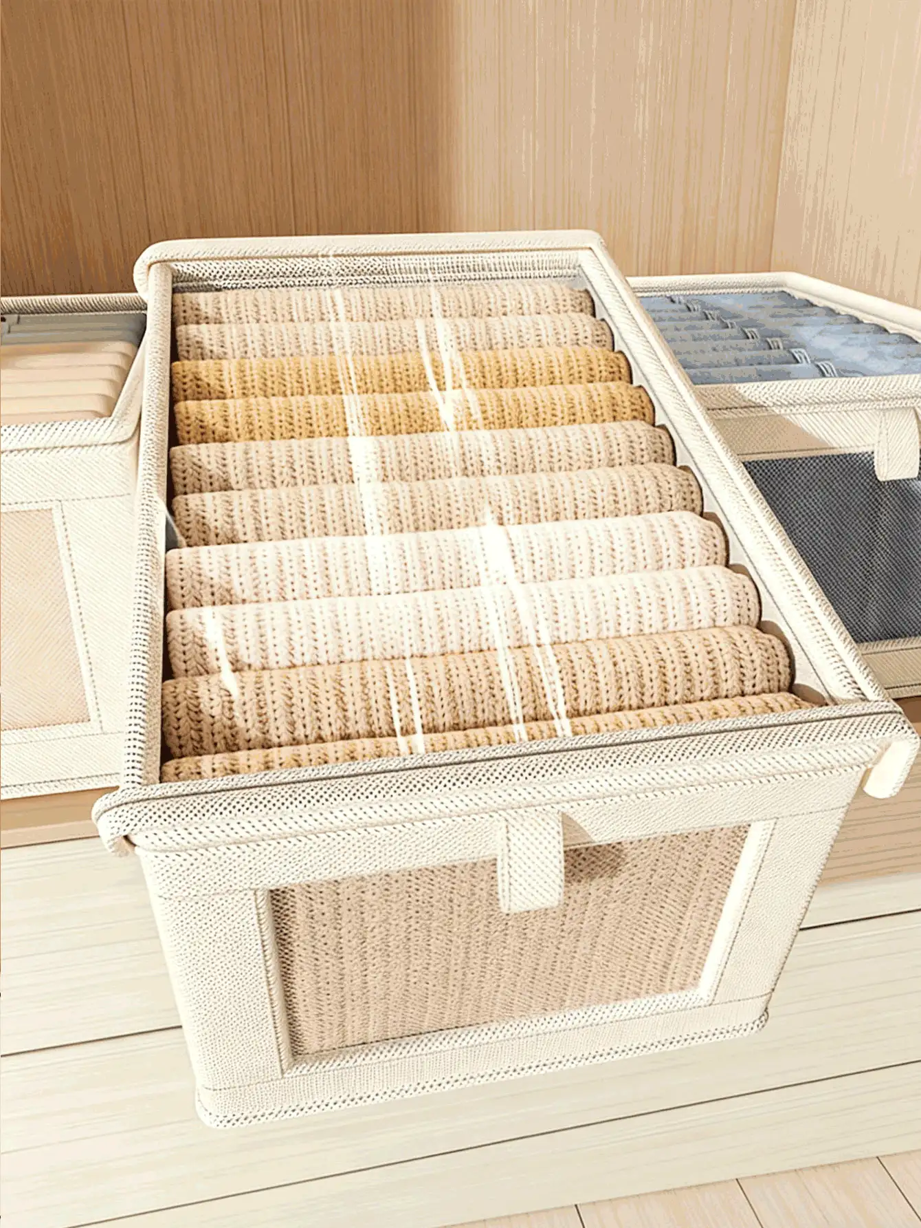 Large Capacity Storage Basket, Portable Wardrobe Storage Organizer Bag, Foldable Wardrobe With Window Storage Box, Durable Storage Container With Lid, Suitable For Blankets, Clothes, Bedding, Space Saving Storage Container, Sturdy, Travel Pouch, Wardrobe Organizer, Room Decor, Dorm Essential - Multicolor - View 2