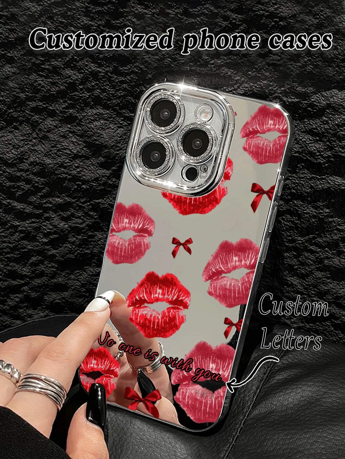 1pc Customized Name, Red Lip Bow Mirror Phone Case Compatible With IPhone 16 Pro Max/15/14 Plus/13 Pro/12 Pro Max/11 Pro Max, Fashion Design Makeup Mirror IMD Glossy Smooth Phone Case - Multicolor - View 2